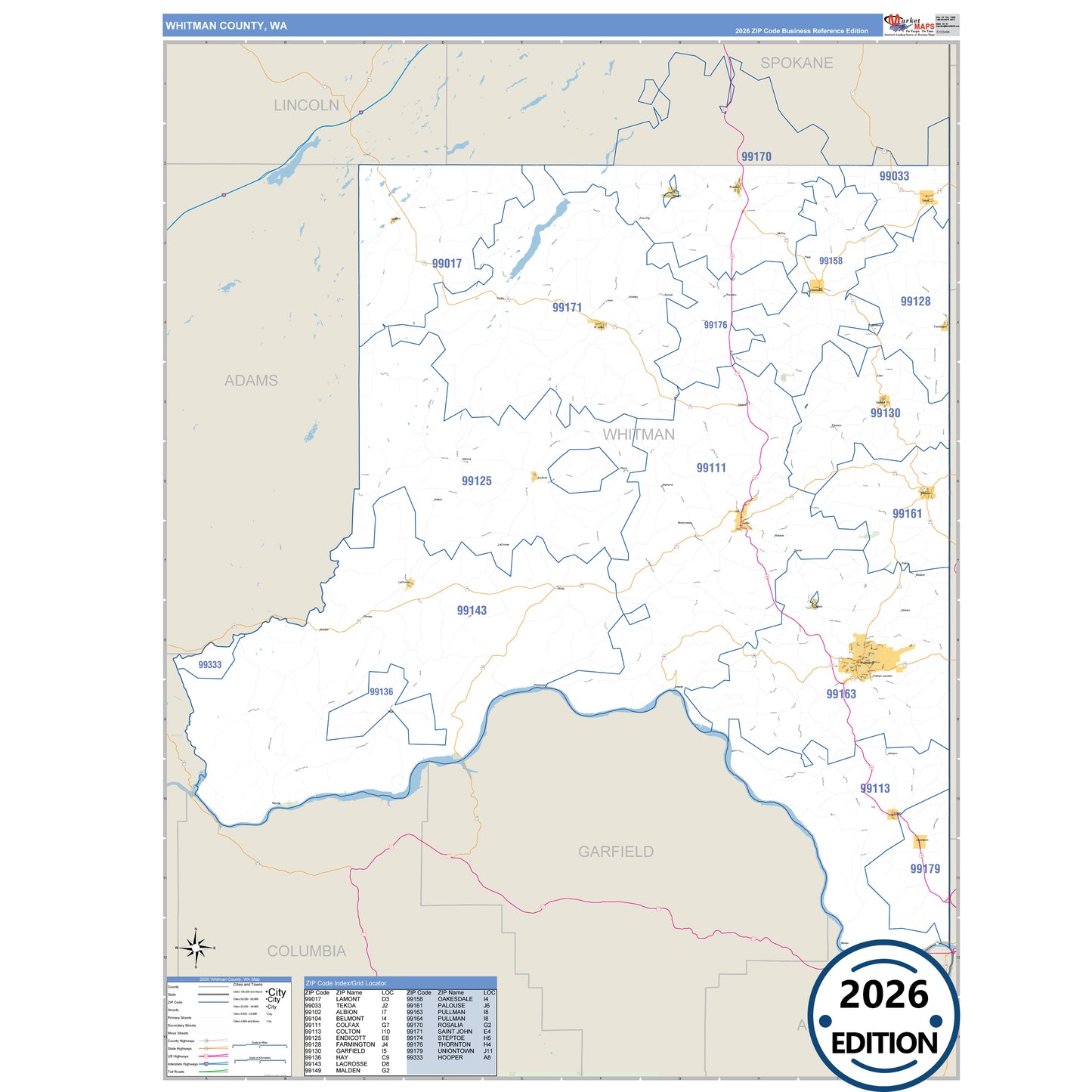 Whitman County, WA Business Reference 5 Digit ZIP Code Wall Map