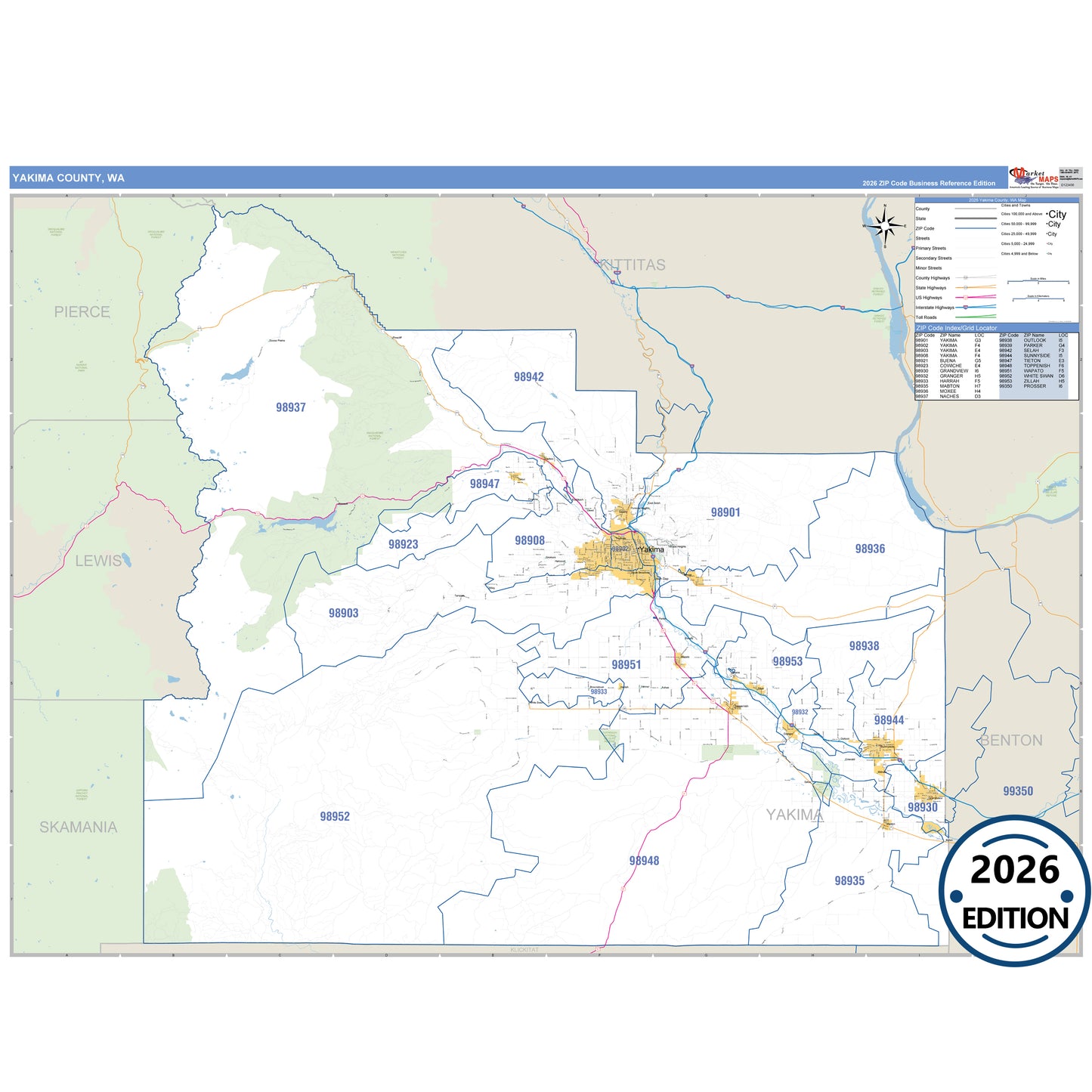 Yakima County, WA Business Reference 5 Digit ZIP Code Wall Map