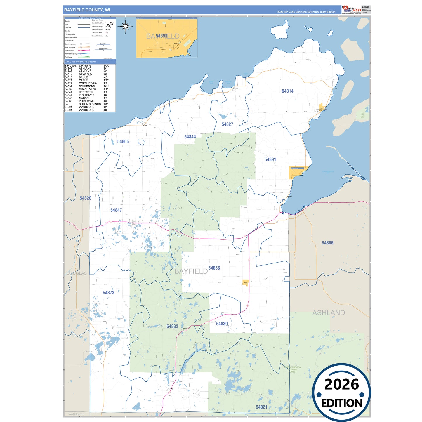 Bayfield County, WI Business Reference 5 Digit ZIP Code Wall Map