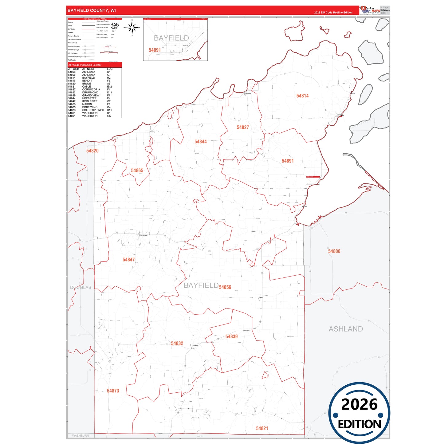 Bayfield County, WI Red Line 5 Digit ZIP Code Wall Map