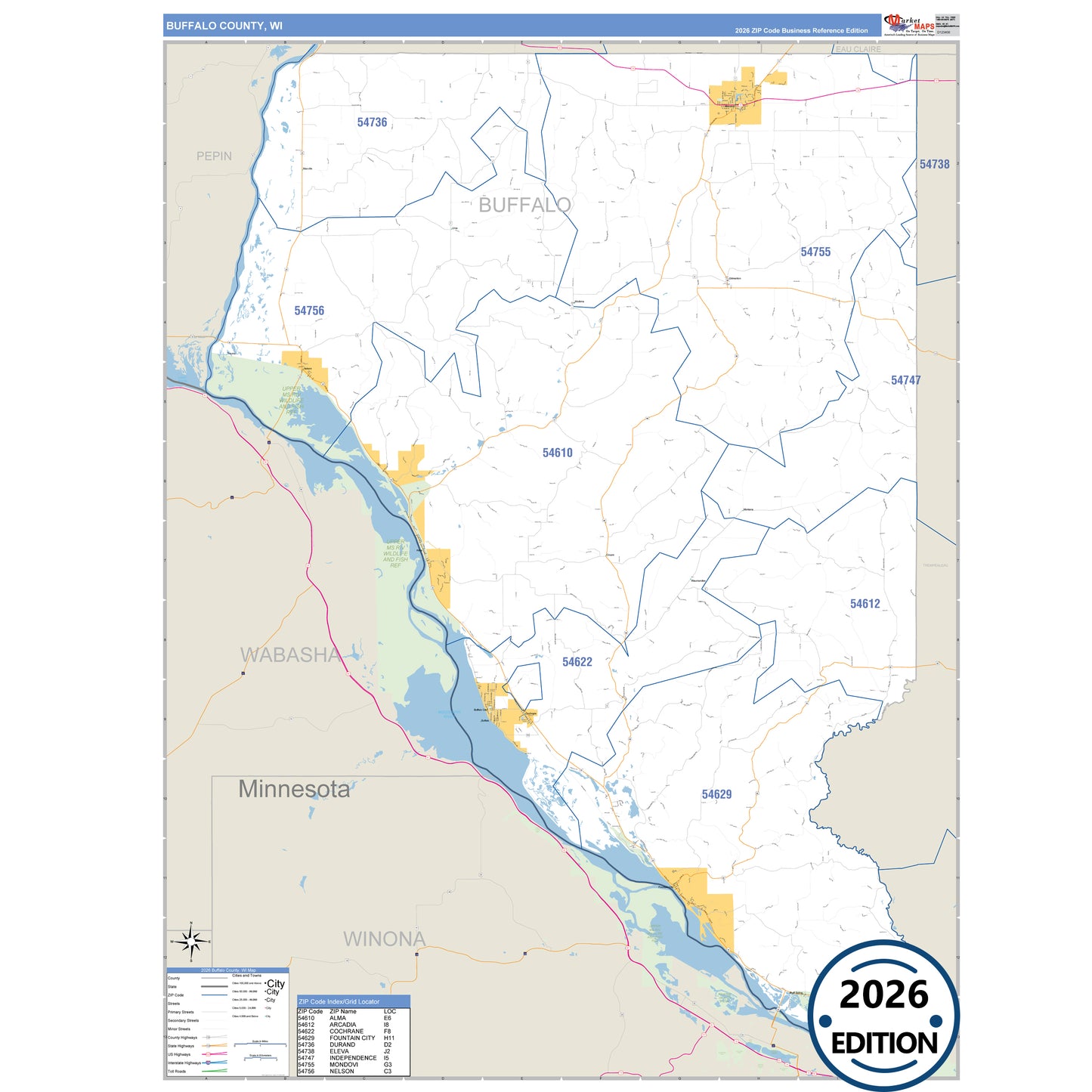 Buffalo County, WI Business Reference 5 Digit ZIP Code Wall Map