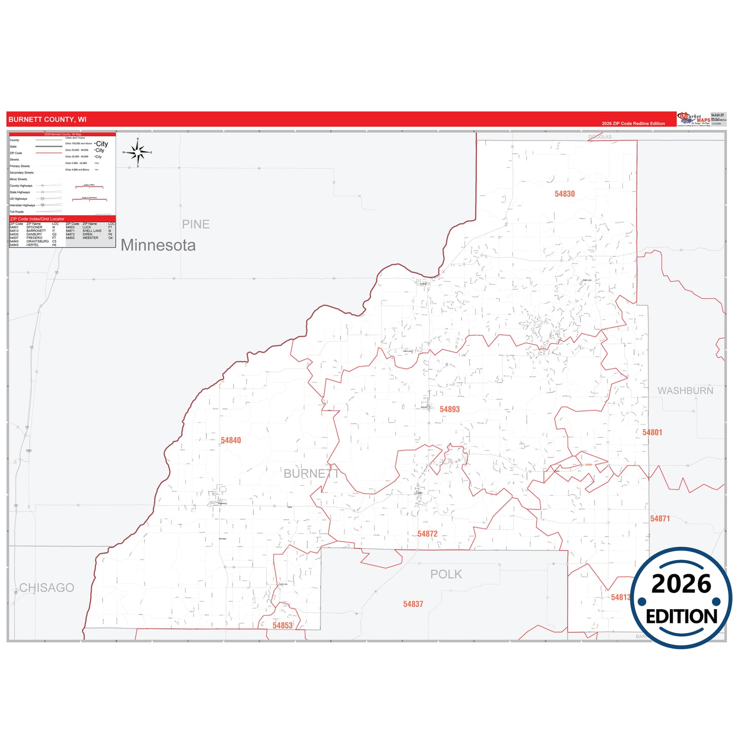 Burnett County, WI Red Line 5 Digit ZIP Code Wall Map