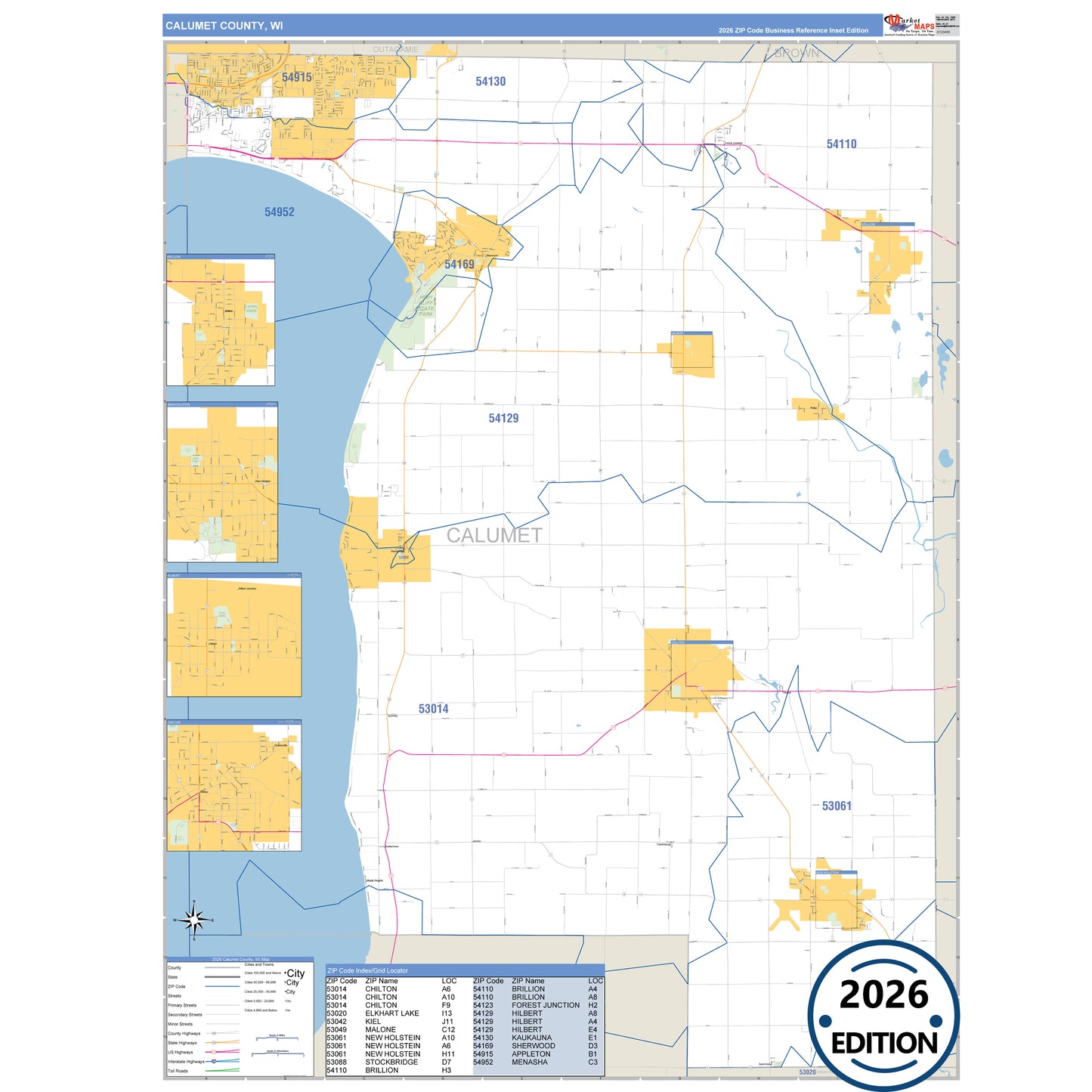 Calumet County, WI Business Reference 5 Digit ZIP Code Wall Map