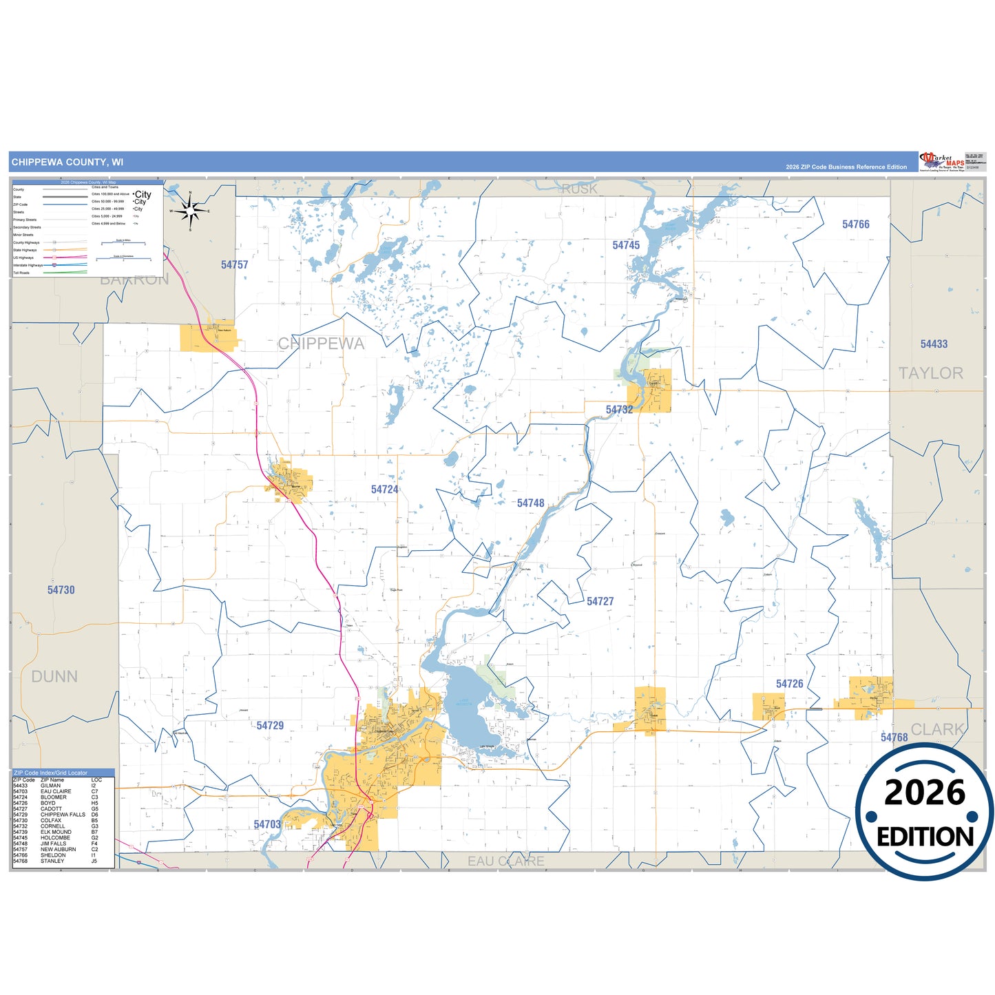 Chippewa County, WI Business Reference 5 Digit ZIP Code Wall Map
