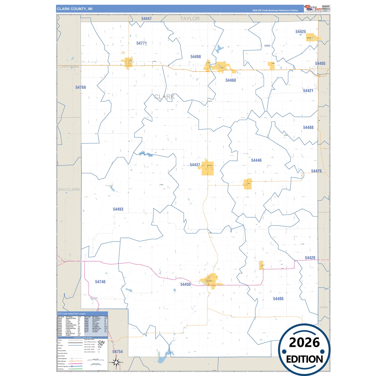 Clark County, WI Business Reference 5 Digit ZIP Code Wall Map