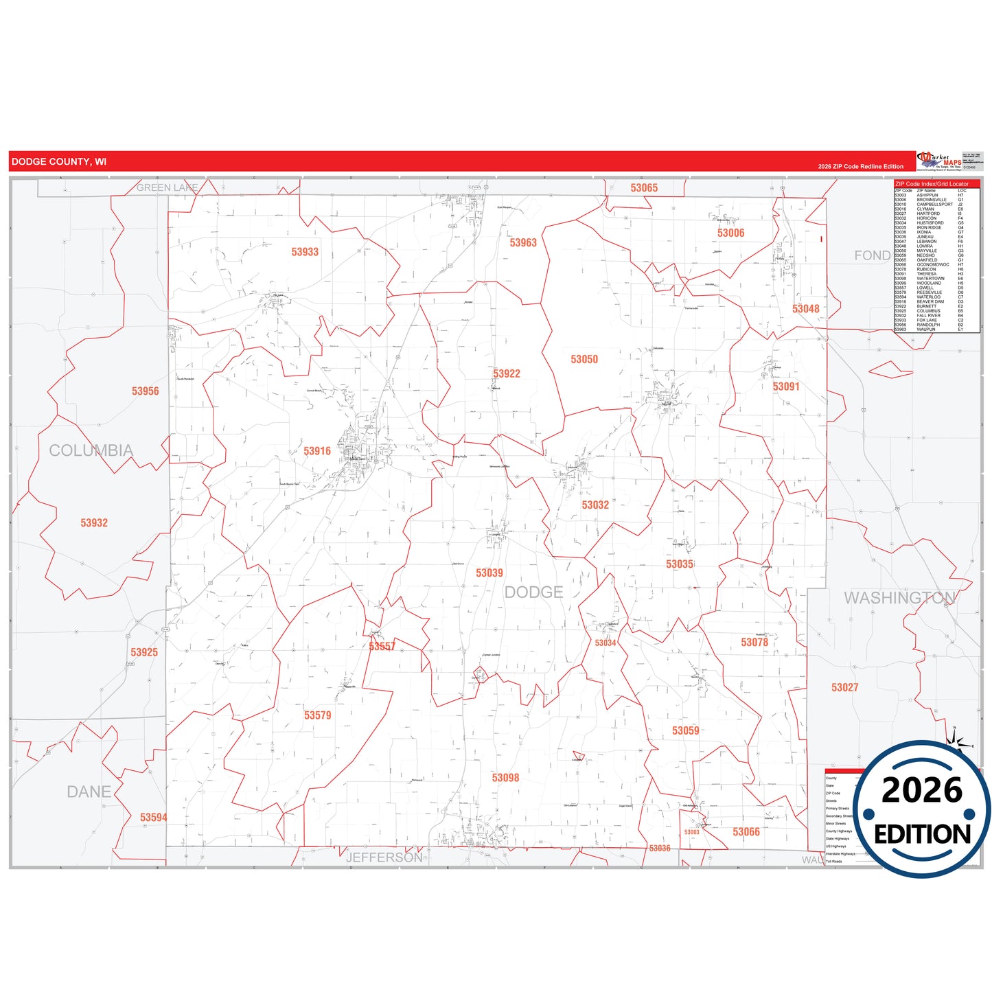 Dodge County, WI Red Line 5 Digit ZIP Code Wall Map