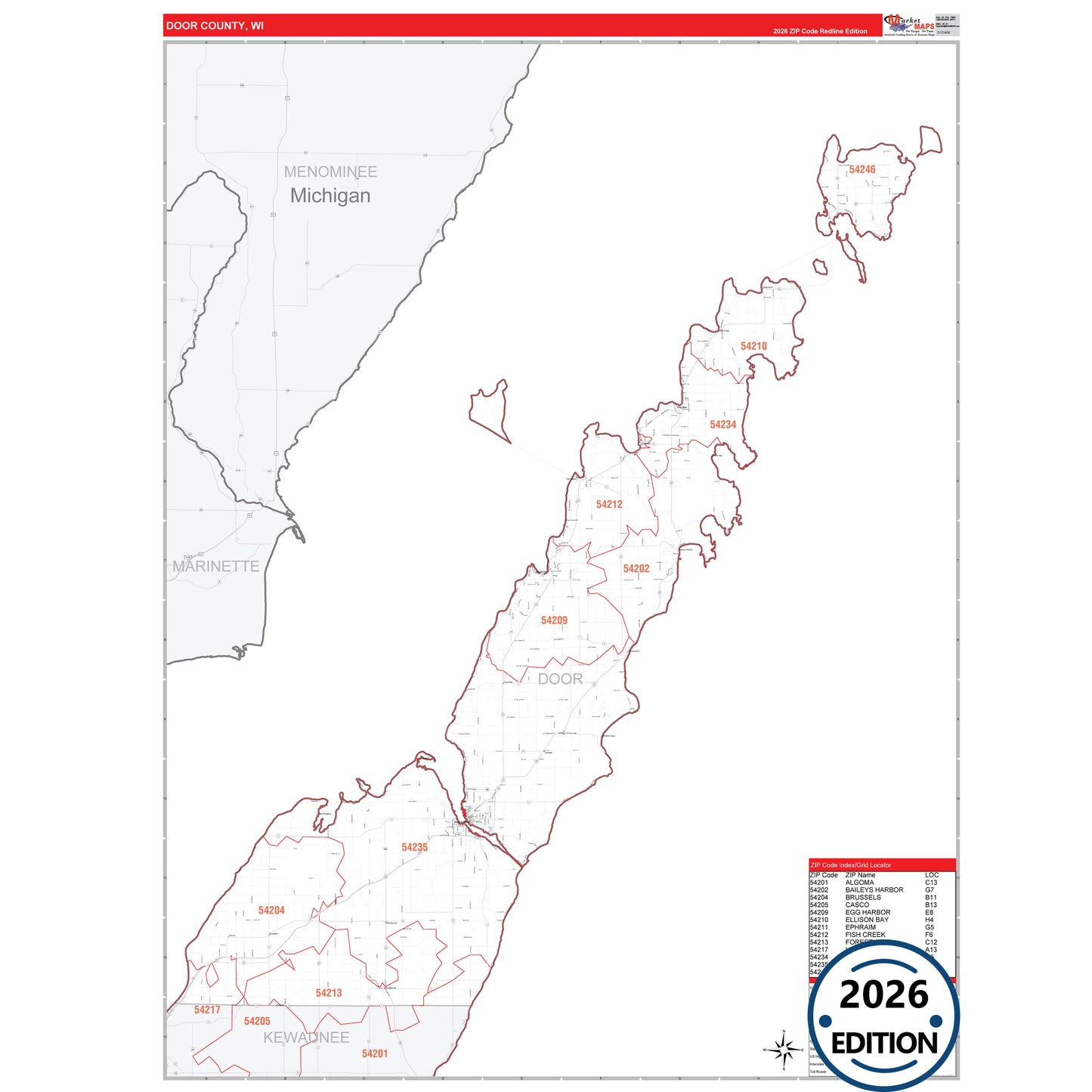 Door County, WI Red Line 5 Digit ZIP Code Wall Map
