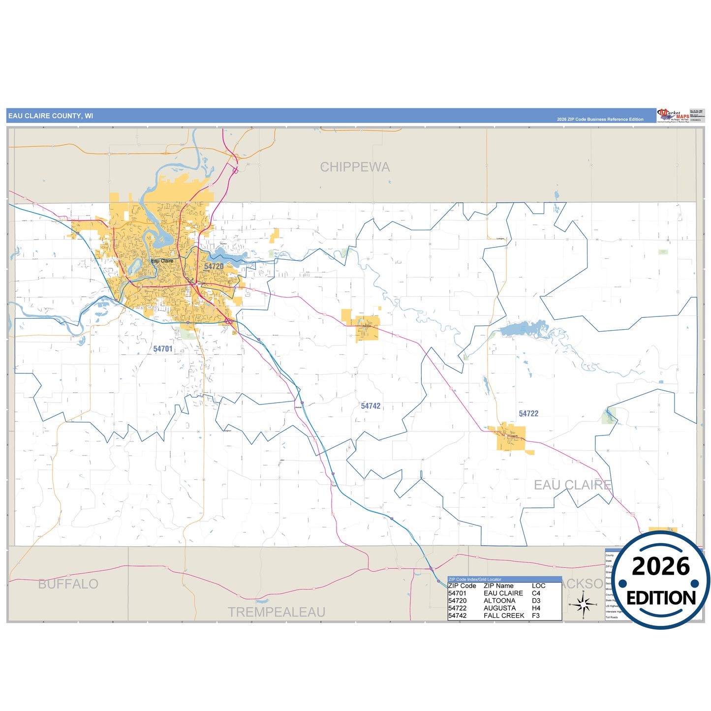 Eau Claire County, WI Business Reference 5 Digit ZIP Code Wall Map