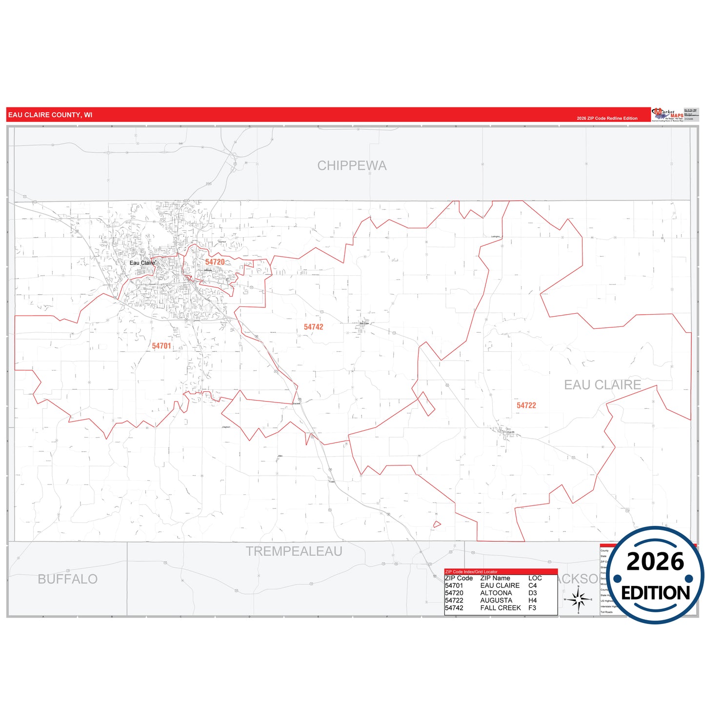 Eau Claire County, WI Red Line 5 Digit ZIP Code Wall Map
