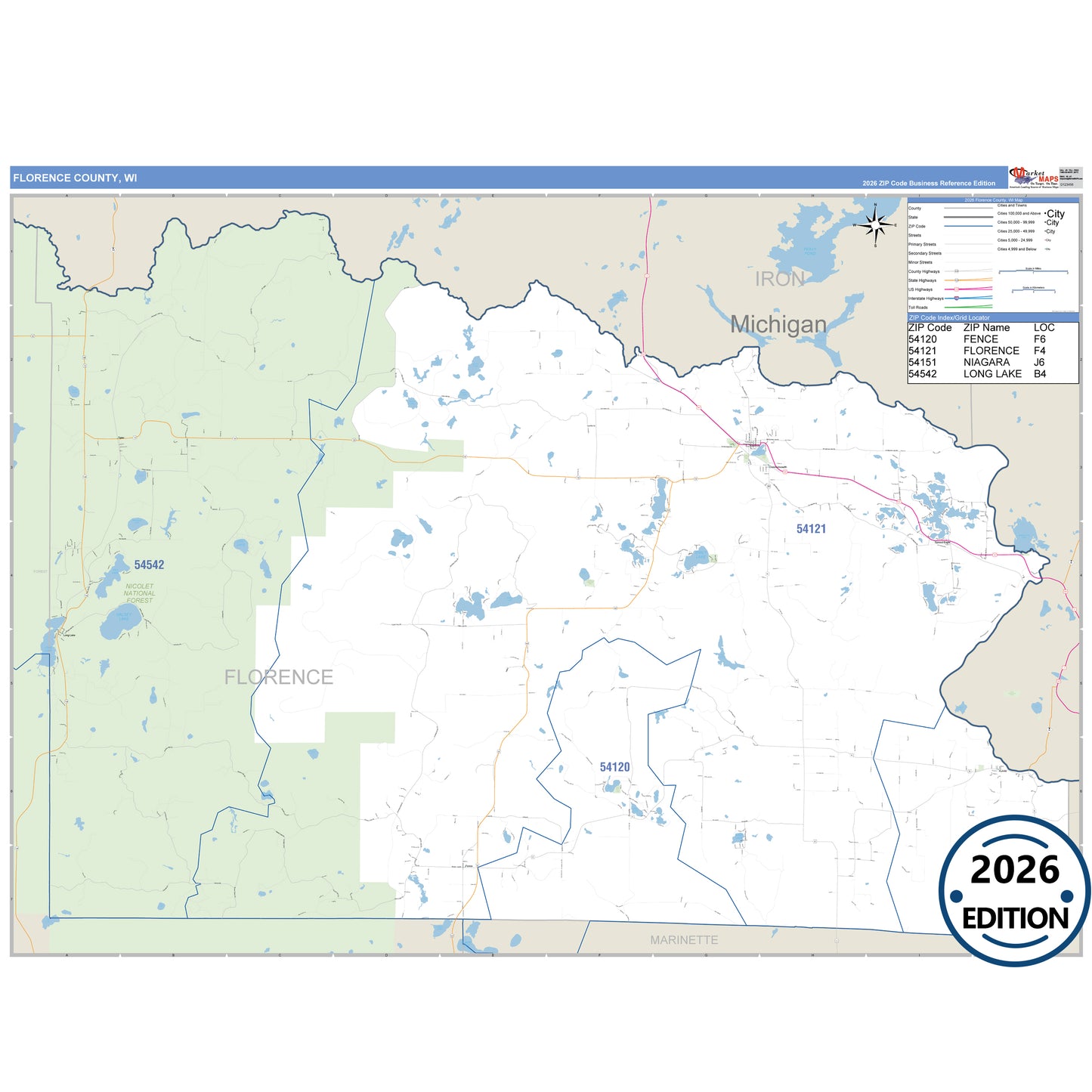Florence County, WI Business Reference 5 Digit ZIP Code Wall Map