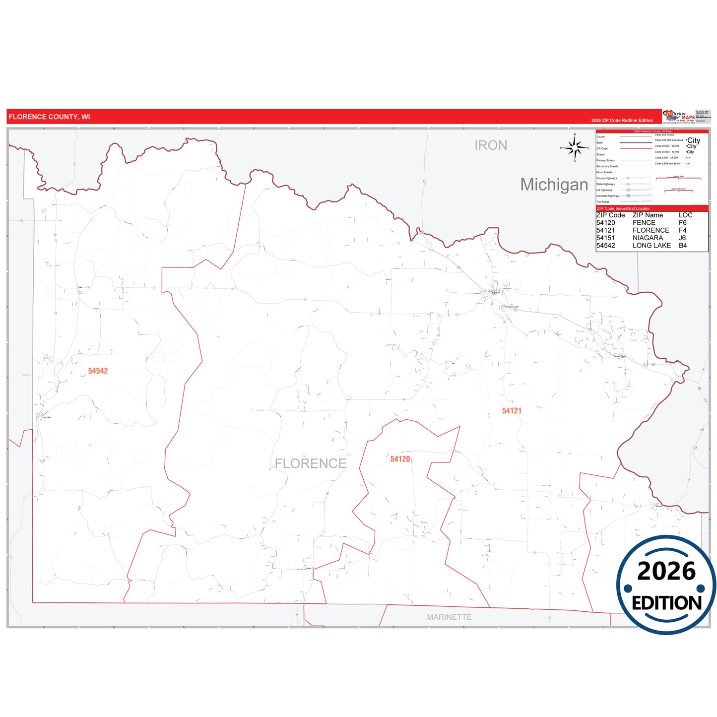 Florence County, WI Red Line 5 Digit ZIP Code Wall Map