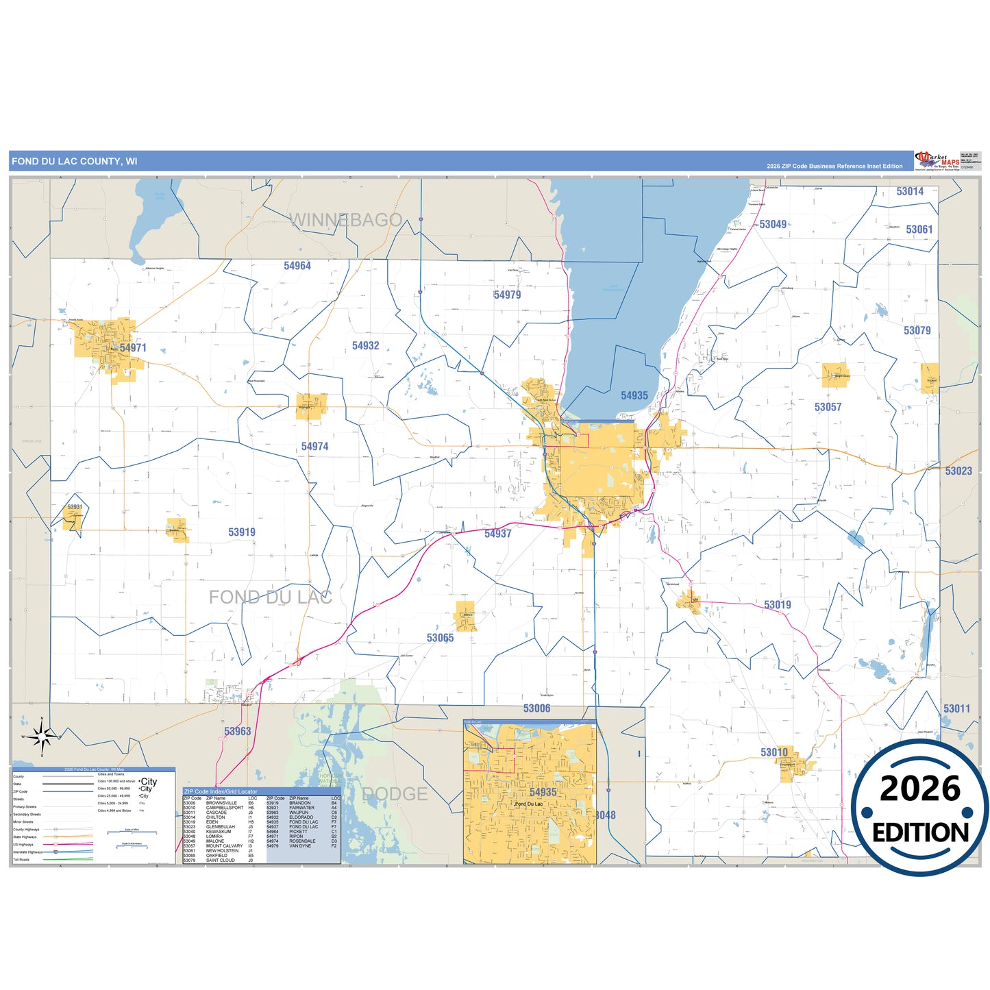 Fond du Lac County, WI Business Reference 5 Digit ZIP Code Wall Map