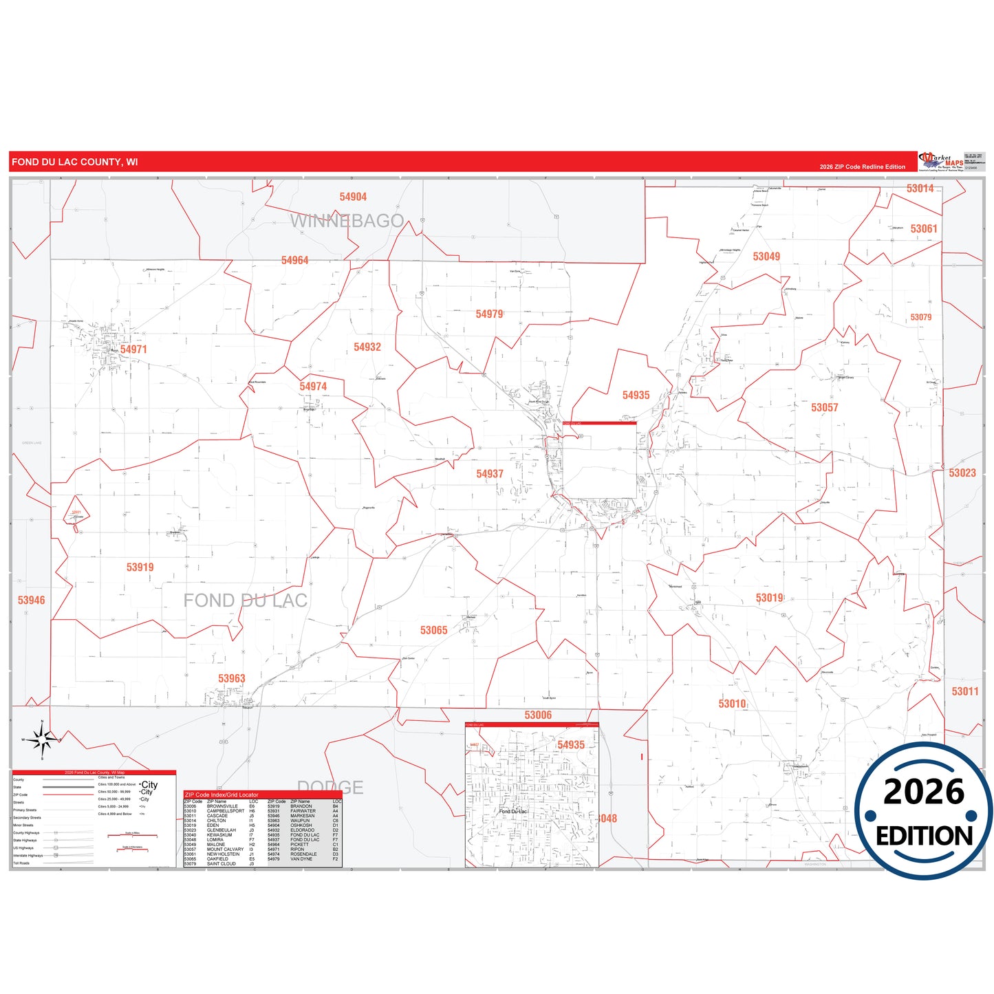 Fond du Lac County, WI Red Line 5 Digit ZIP Code Wall Map