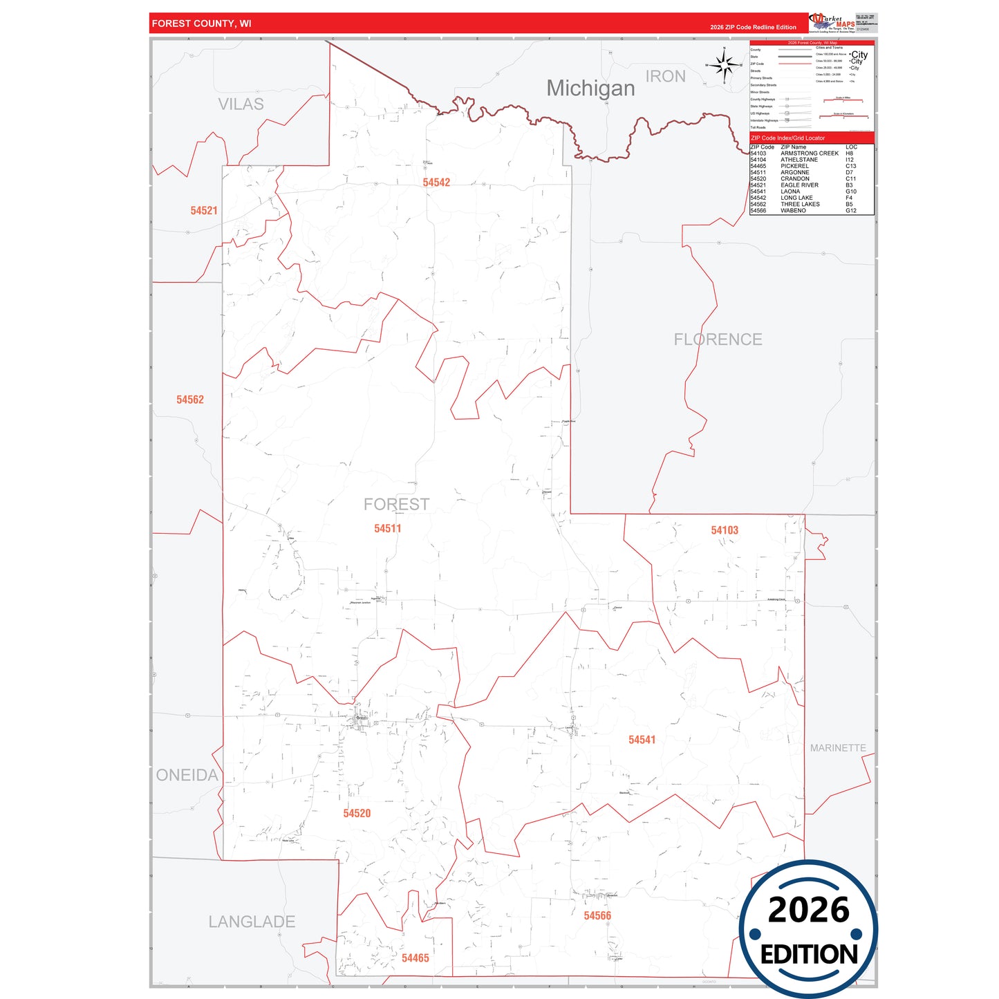 Forest County, WI Red Line 5 Digit ZIP Code Wall Map