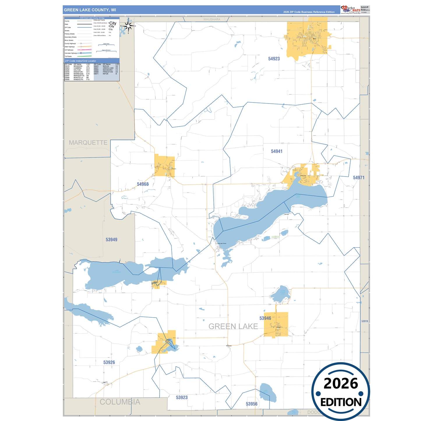 Green Lake County, WI Business Reference 5 Digit ZIP Code Wall Map