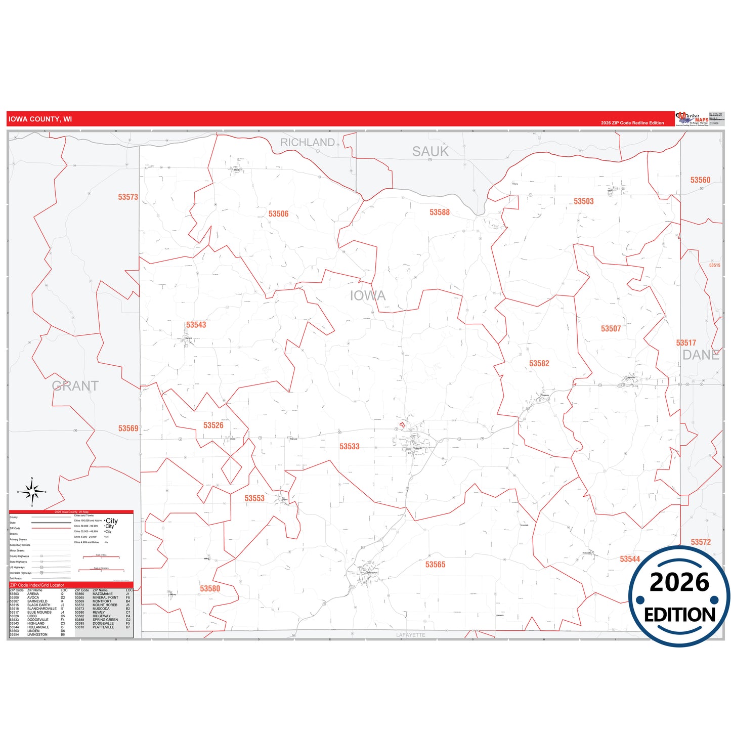 Iowa County, WI Red Line 5 Digit ZIP Code Wall Map