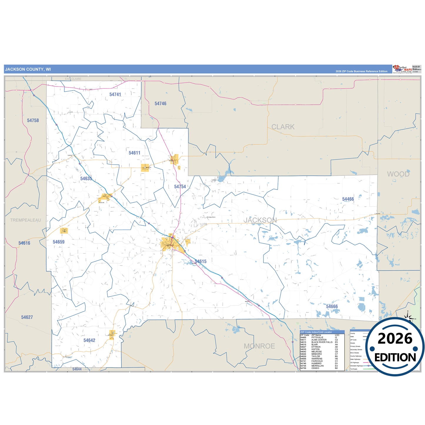 Jackson County, WI Business Reference 5 Digit ZIP Code Wall Map