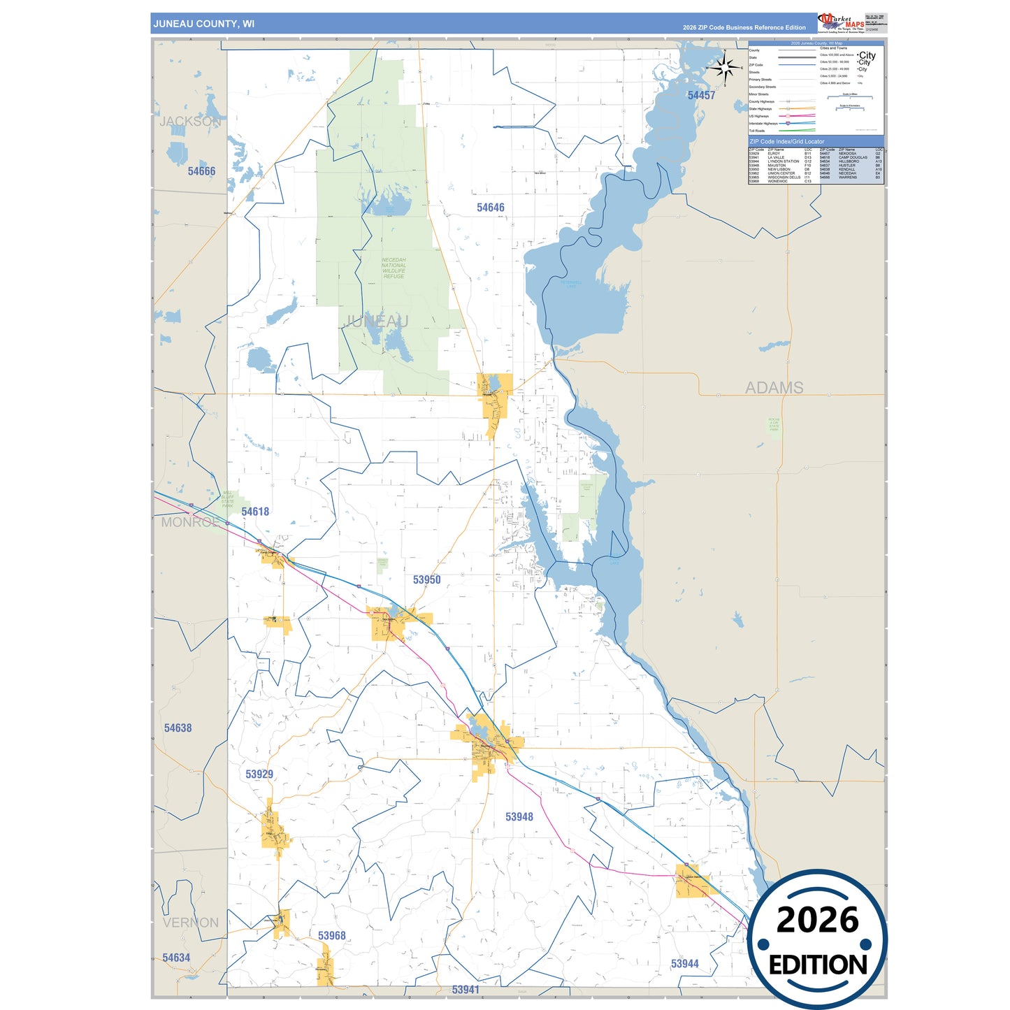 Juneau County, WI Business Reference 5 Digit ZIP Code Wall Map