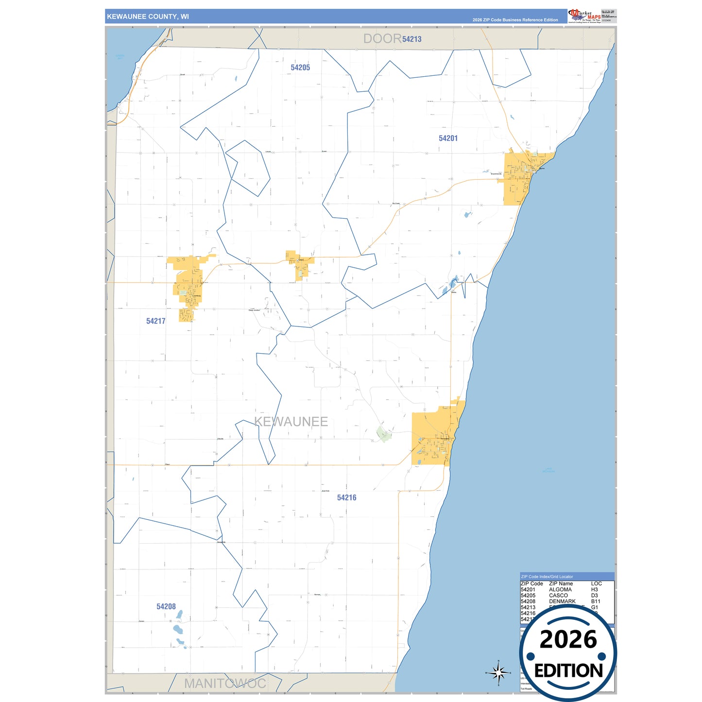 Kewaunee County, WI Business Reference 5 Digit ZIP Code Wall Map