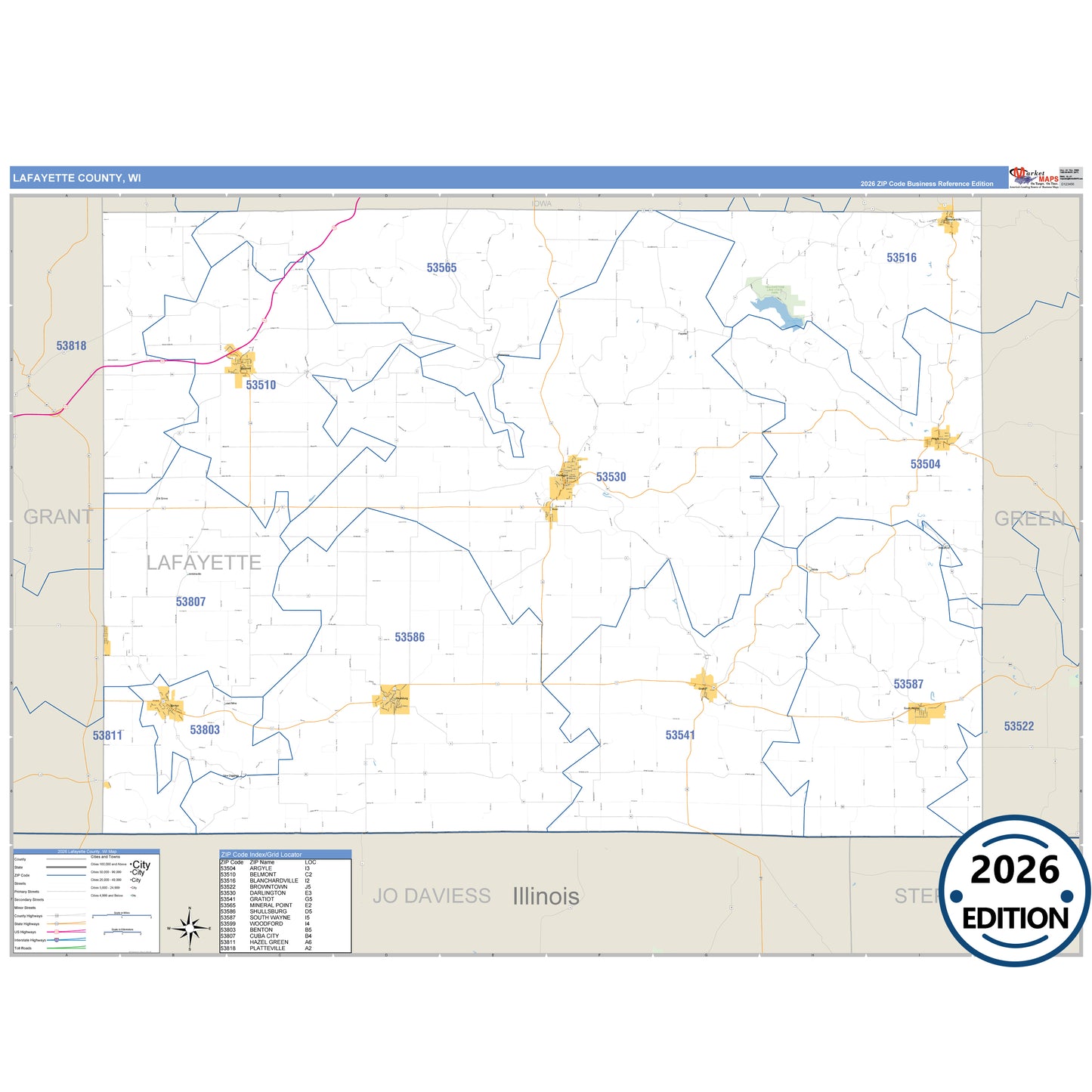 Lafayette County, WI Business Reference 5 Digit ZIP Code Wall Map