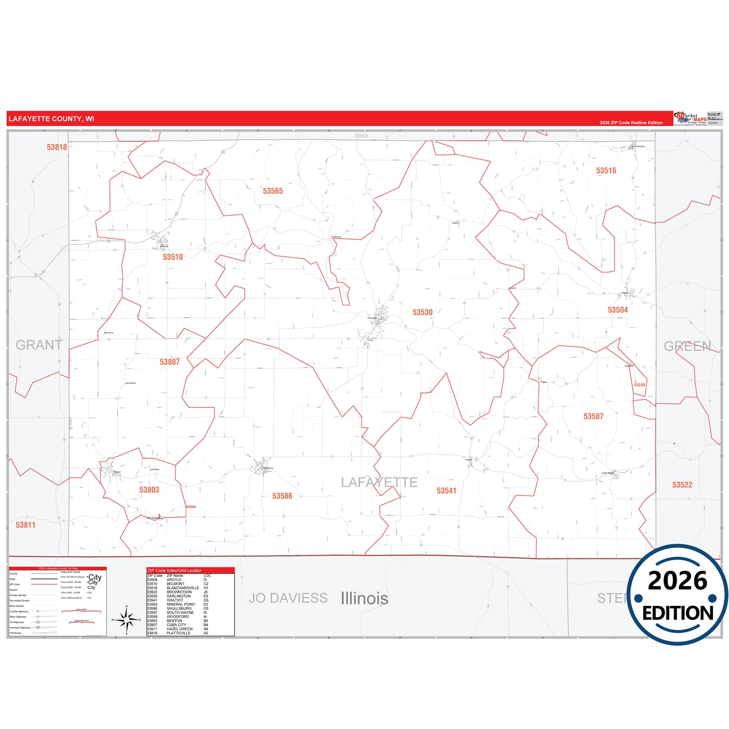 Lafayette County, WI Red Line 5 Digit ZIP Code Wall Map
