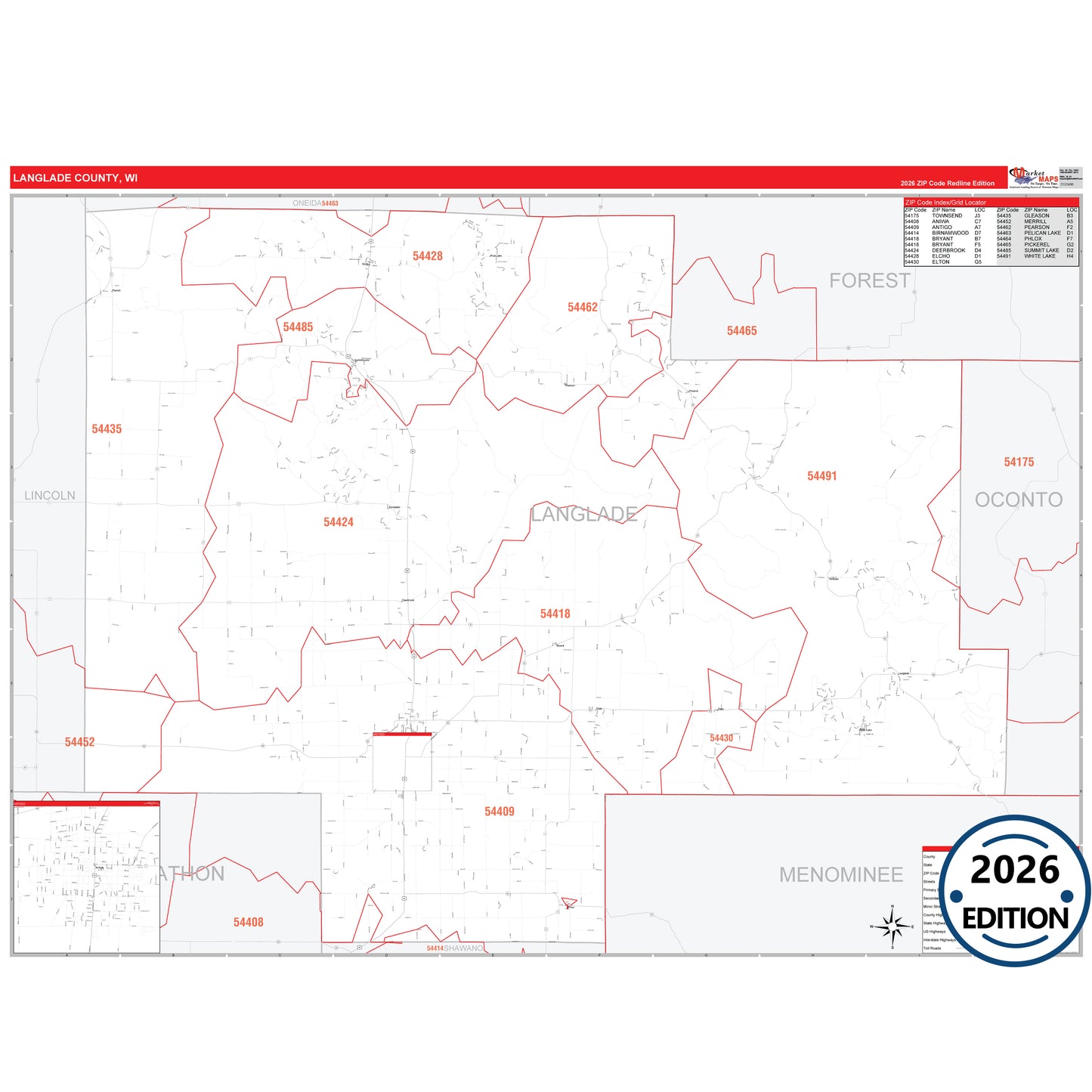 Langlade County, WI Red Line 5 Digit ZIP Code Wall Map