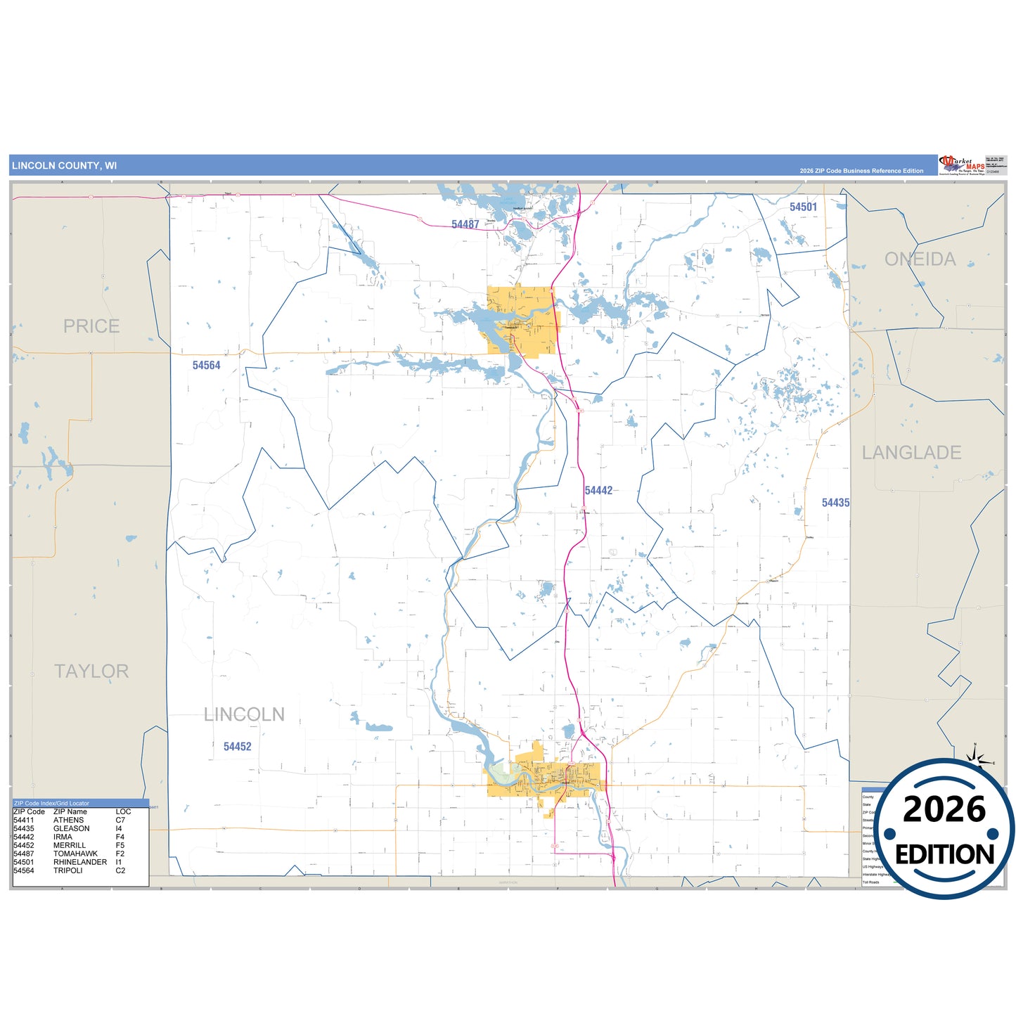 Lincoln County, WI Business Reference 5 Digit ZIP Code Wall Map