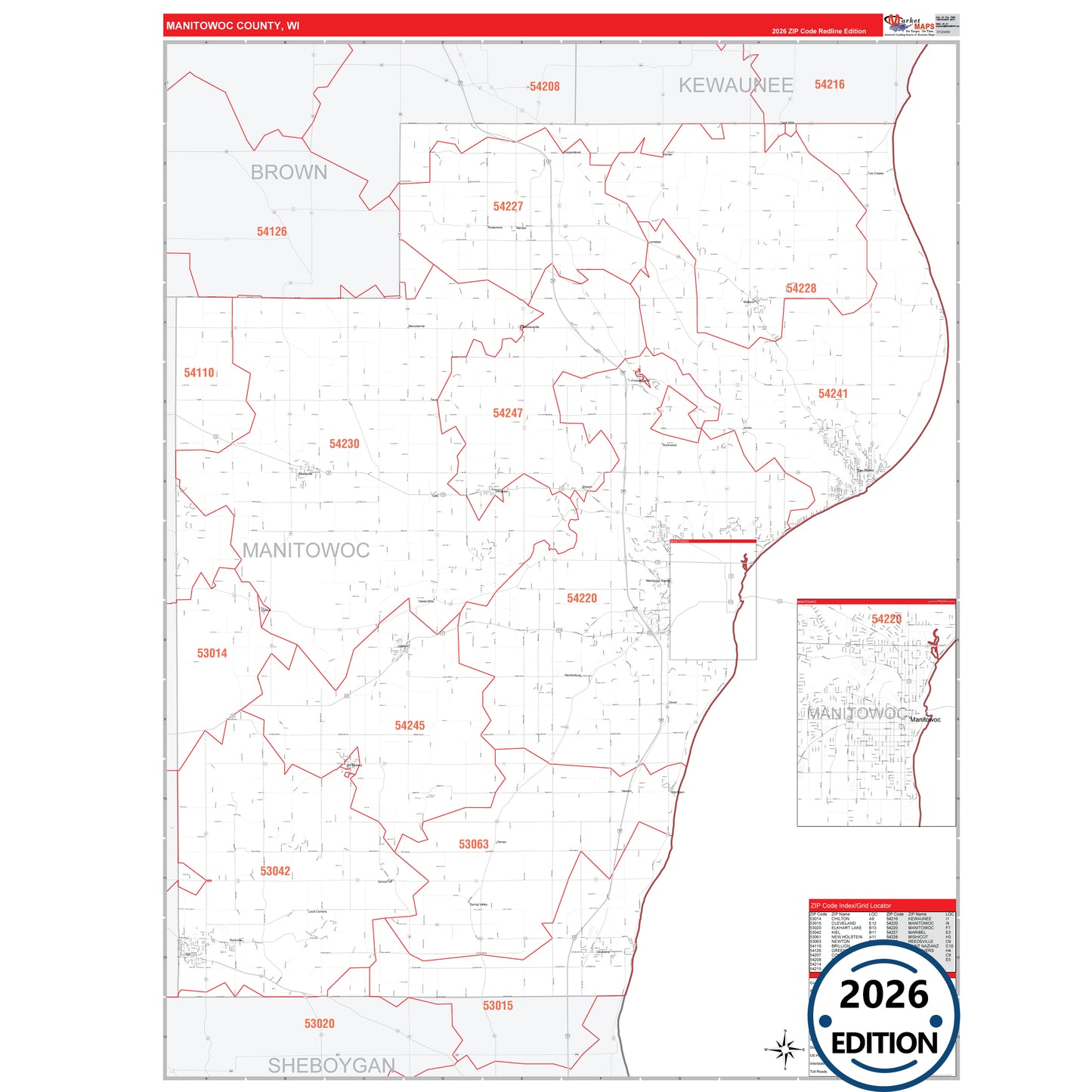 Manitowoc County, WI Red Line 5 Digit ZIP Code Wall Map