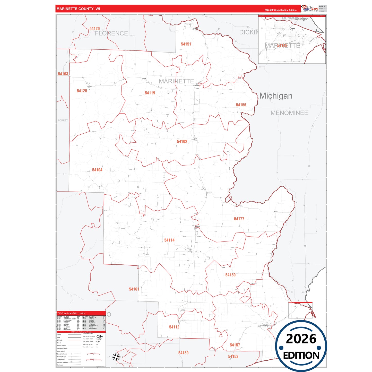Marinette County, WI Red Line 5 Digit ZIP Code Wall Map