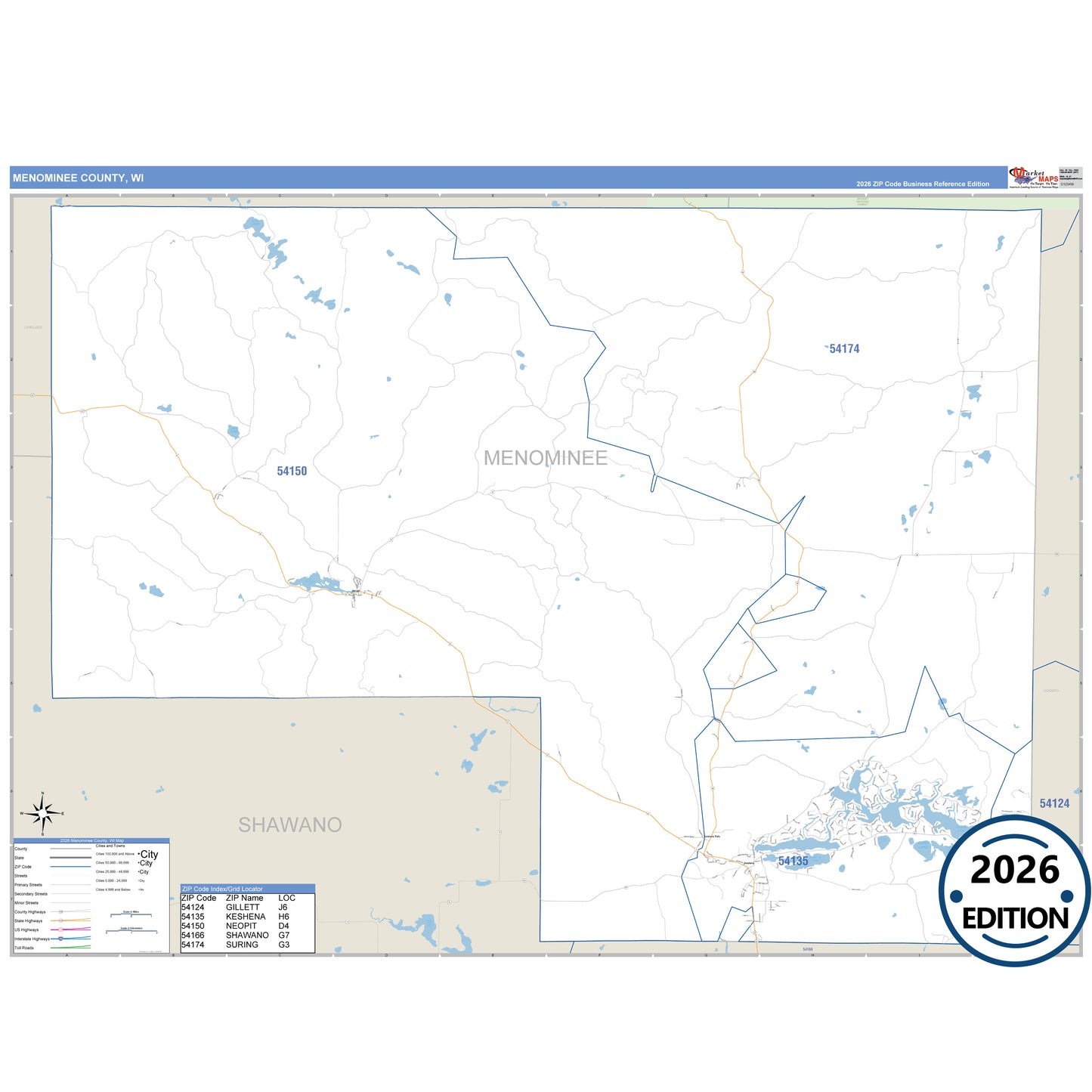 Menominee County, WI Business Reference 5 Digit ZIP Code Wall Map