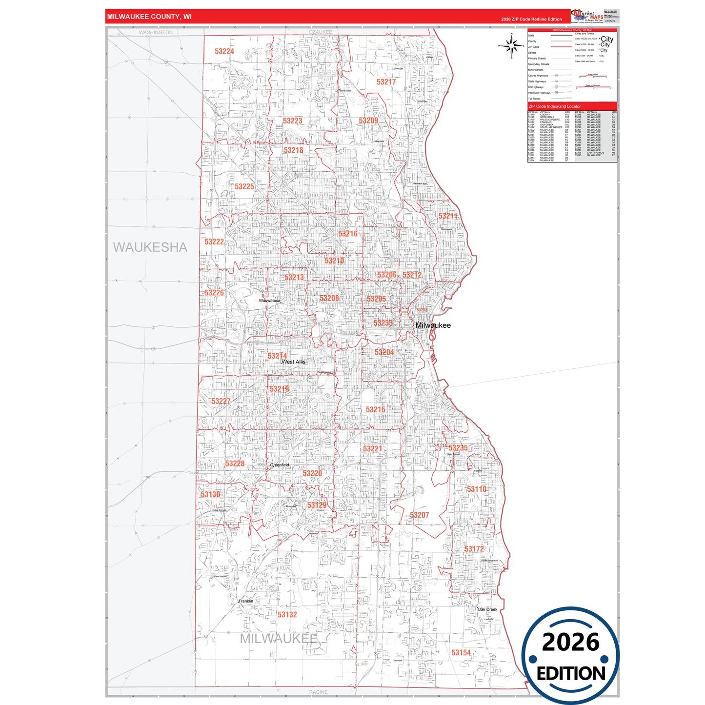 Milwaukee County, WI Red Line 5 Digit ZIP Code Wall Map