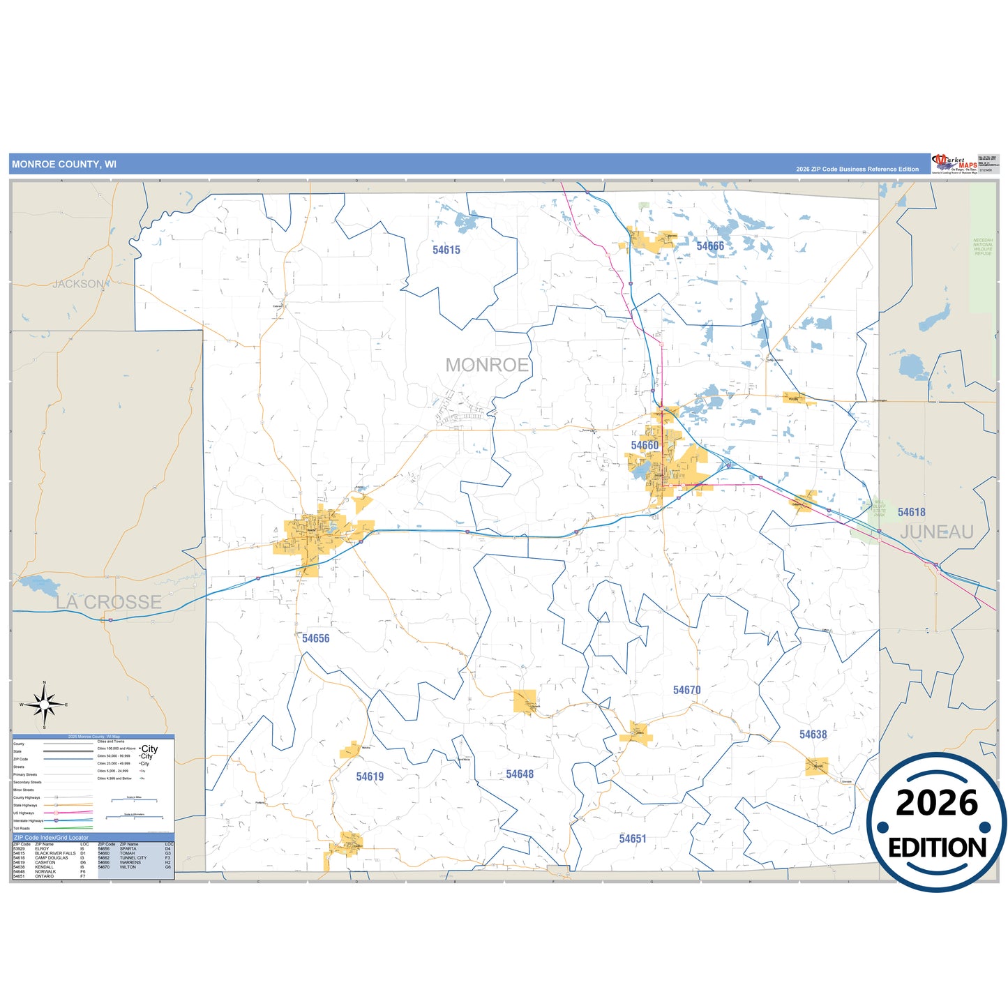 Monroe County, WI Business Reference 5 Digit ZIP Code Wall Map