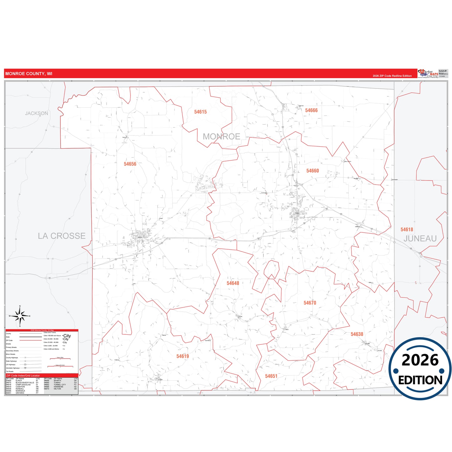 Monroe County, WI Red Line 5 Digit ZIP Code Wall Map