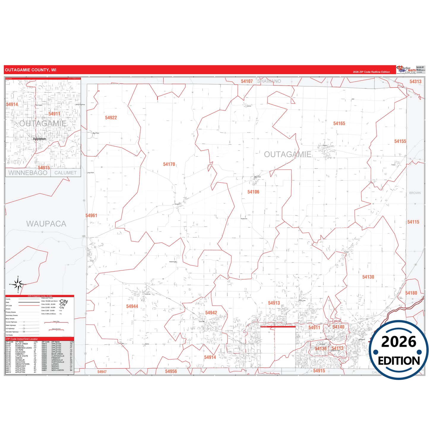 Outagamie County, WI Red Line 5 Digit ZIP Code Wall Map