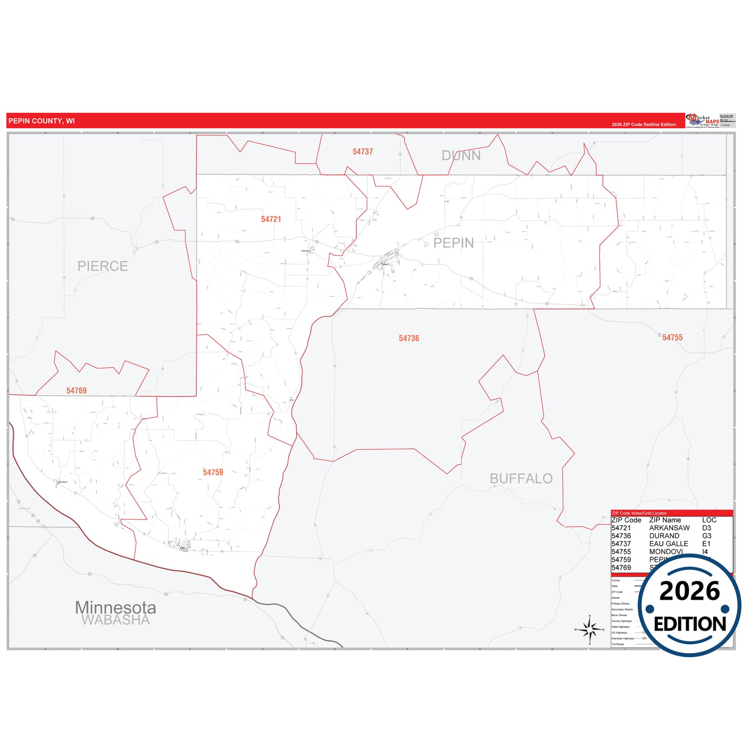 Pepin County, WI Red Line 5 Digit ZIP Code Wall Map