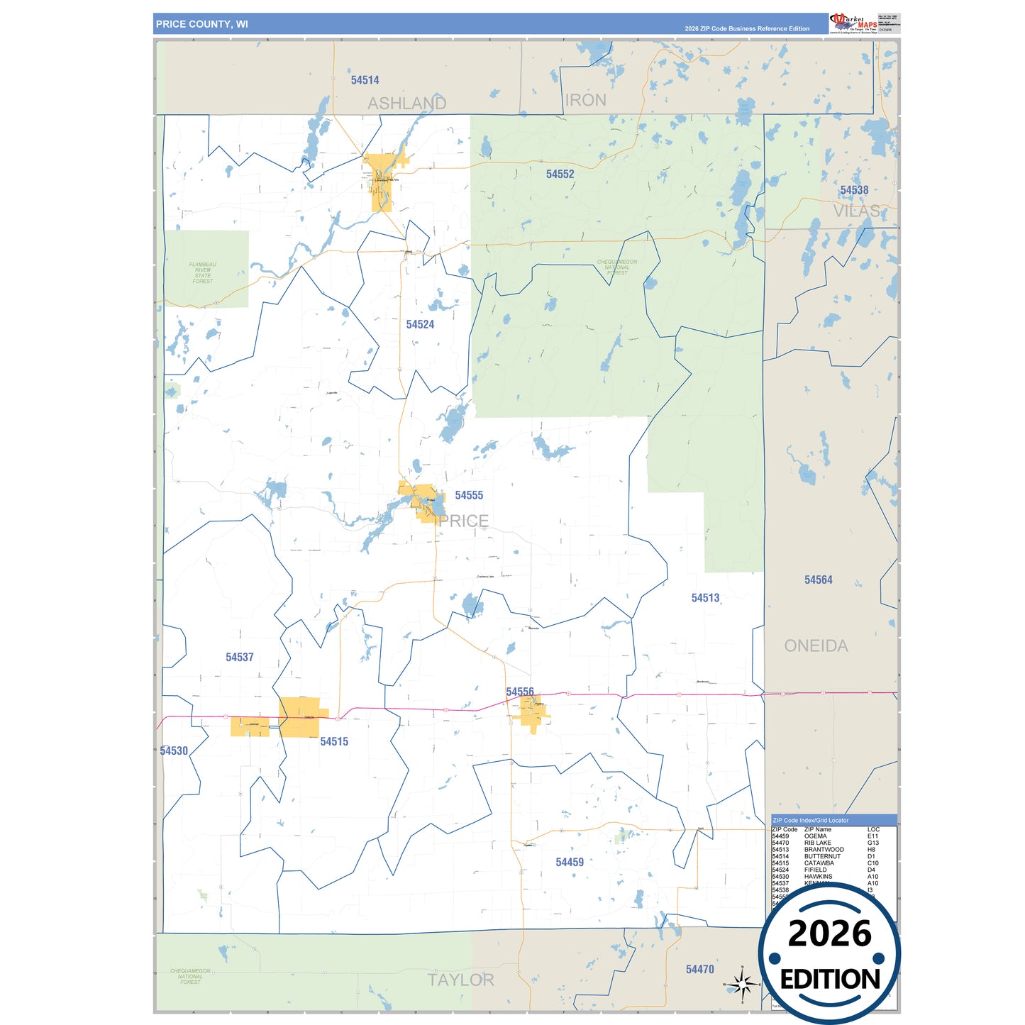 Price County, WI Business Reference 5 Digit ZIP Code Wall Map