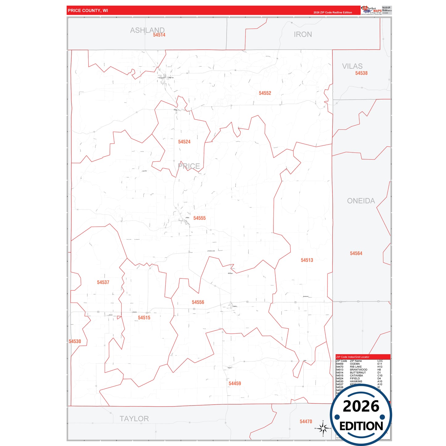 Price County, WI Red Line 5 Digit ZIP Code Wall Map