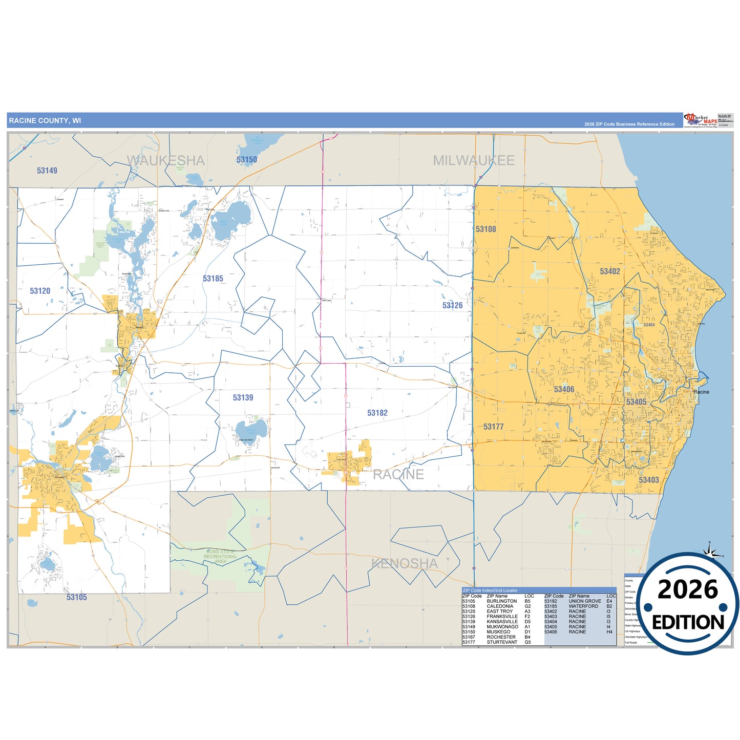 Racine County, WI Business Reference map with detailed roads, cities, and ZIP code boundaries.