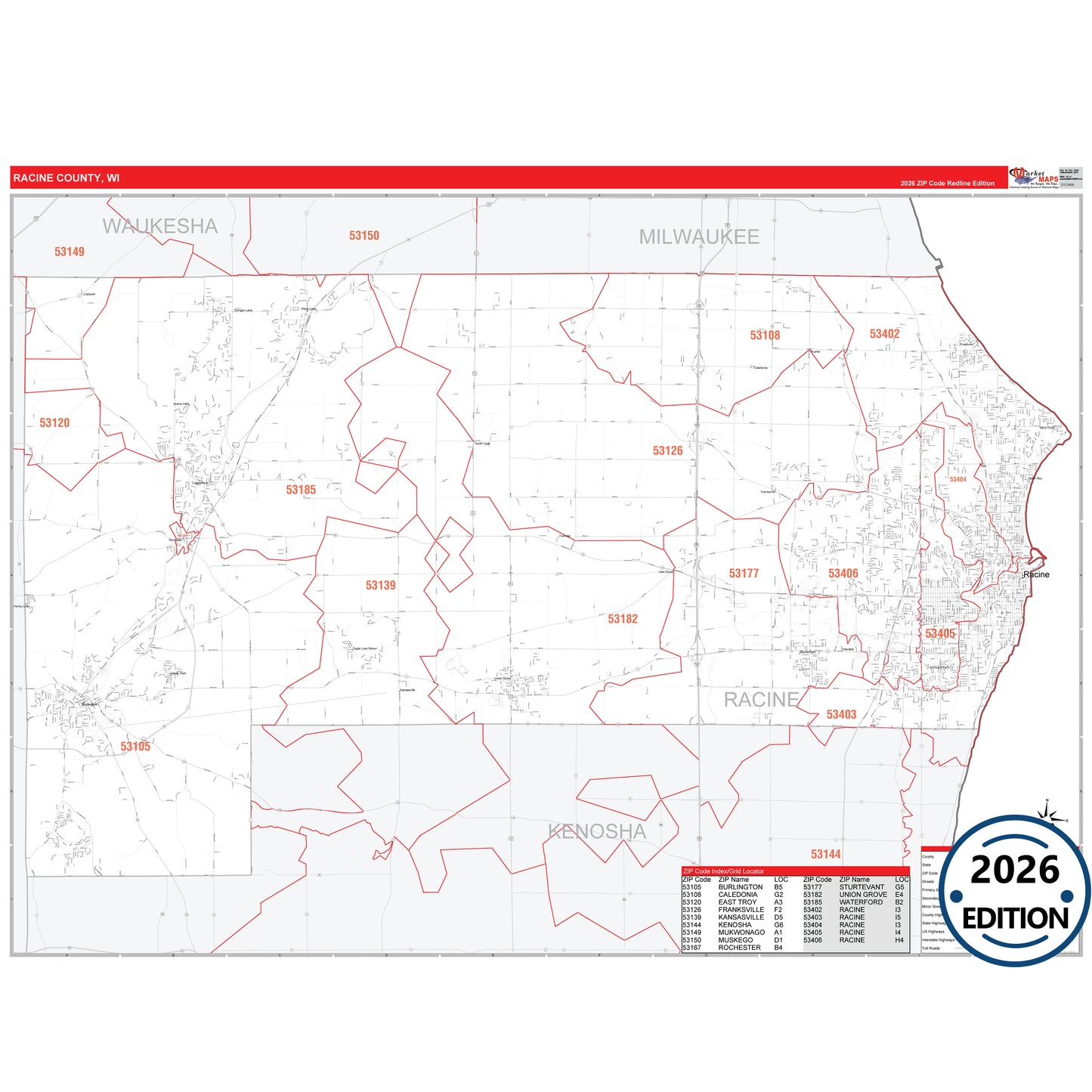 Racine County, WI Red Line 5 Digit ZIP Code Wall Map