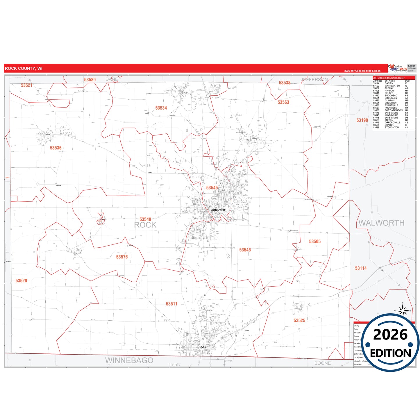 Rock County, WI Red Line 5 Digit ZIP Code Wall Map