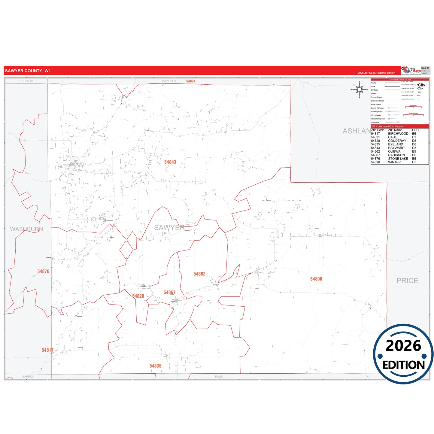 Sawyer County, WI Red Line 5 Digit ZIP Code Wall Map