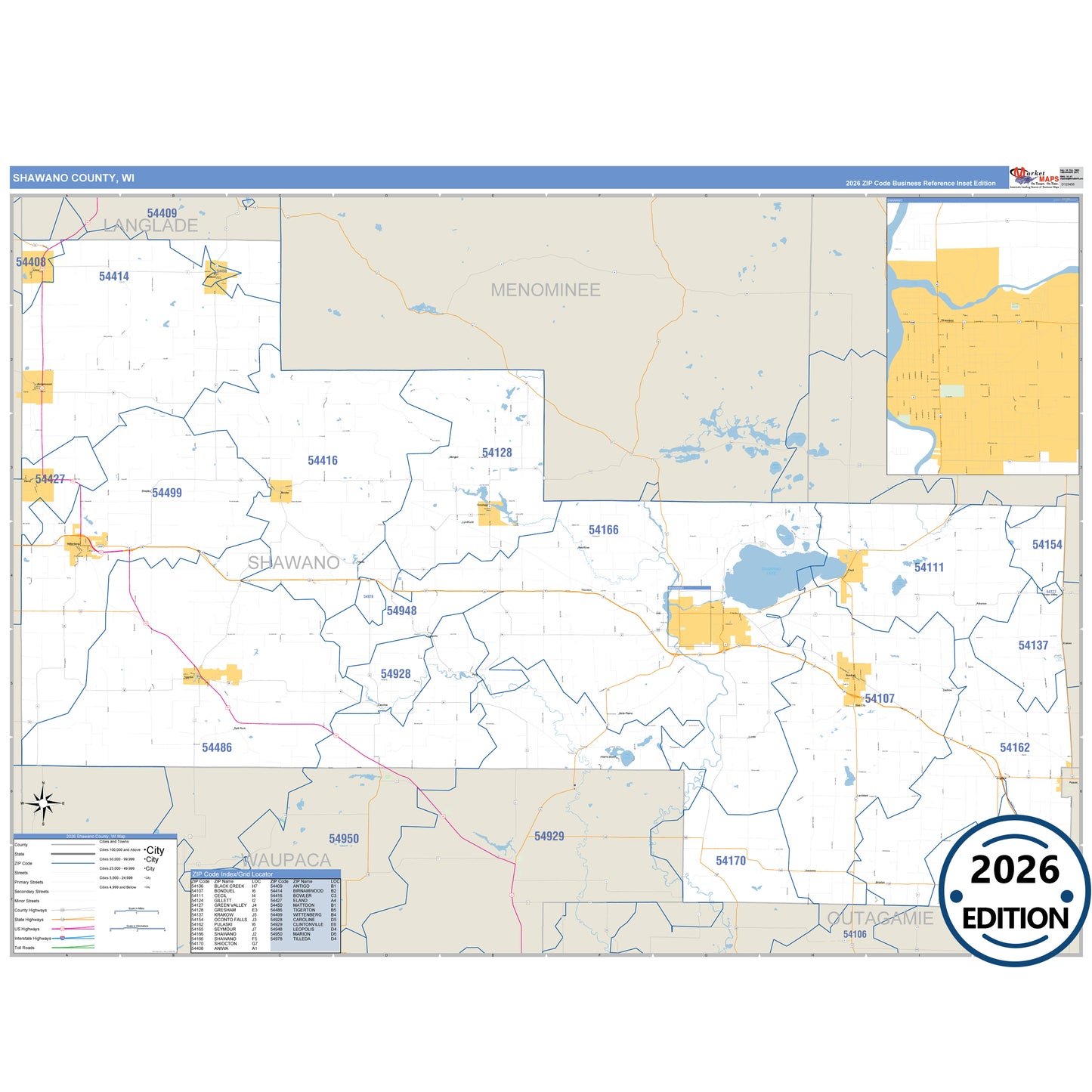 Shawano County, WI Business Reference 5 Digit ZIP Code Wall Map
