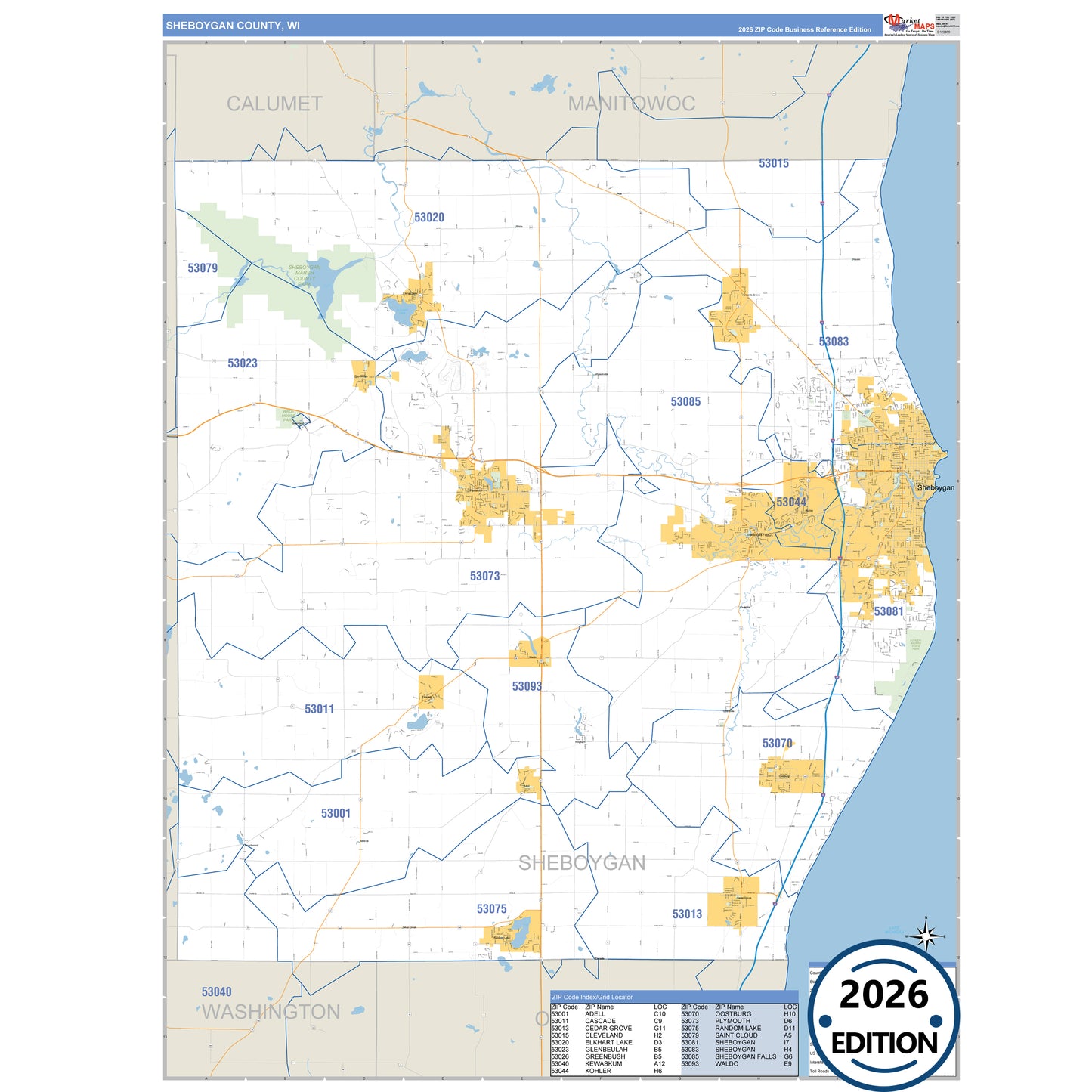 Sheboygan County, WI Business Reference 5 Digit ZIP Code Wall Map