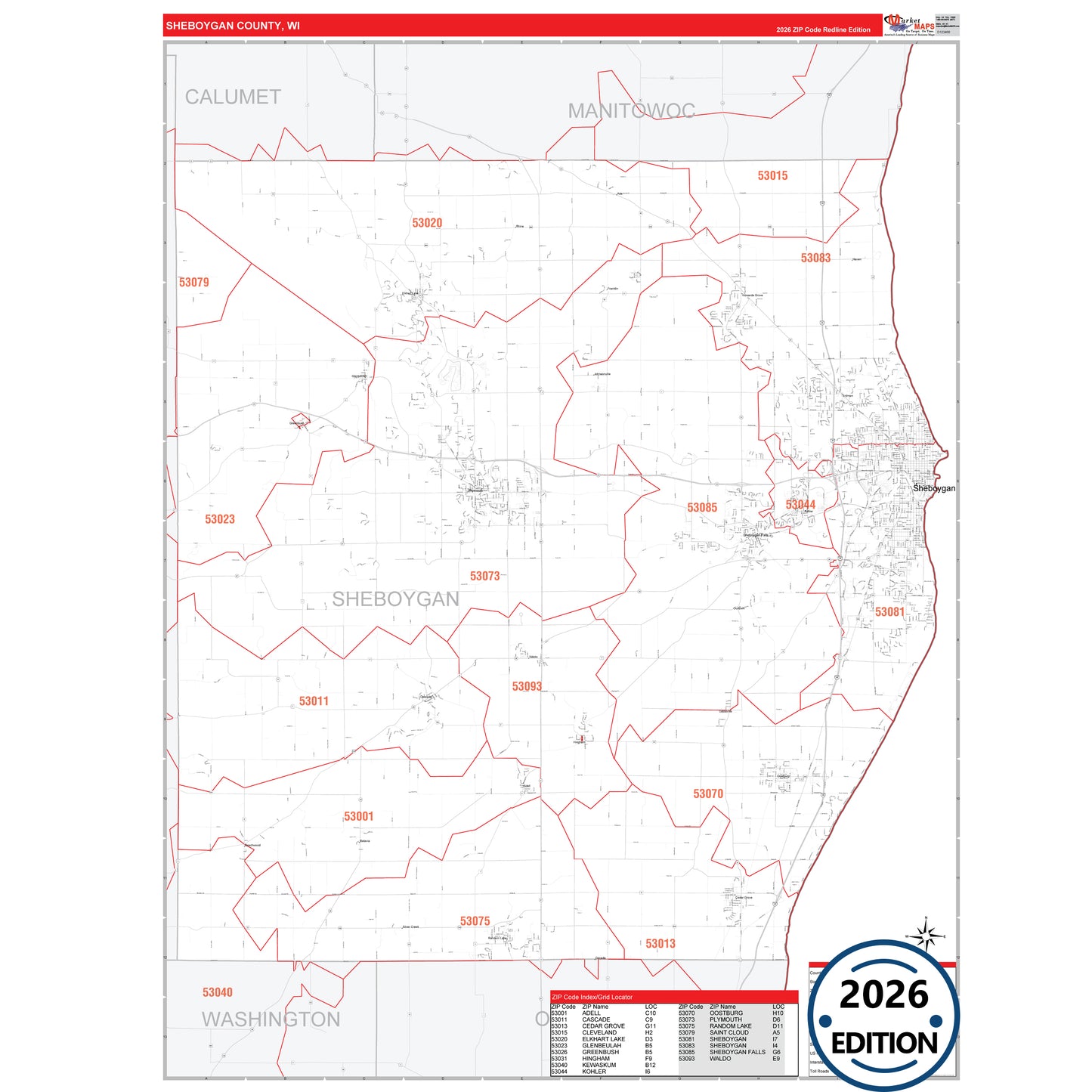 Sheboygan County, WI Red Line 5 Digit ZIP Code Wall Map