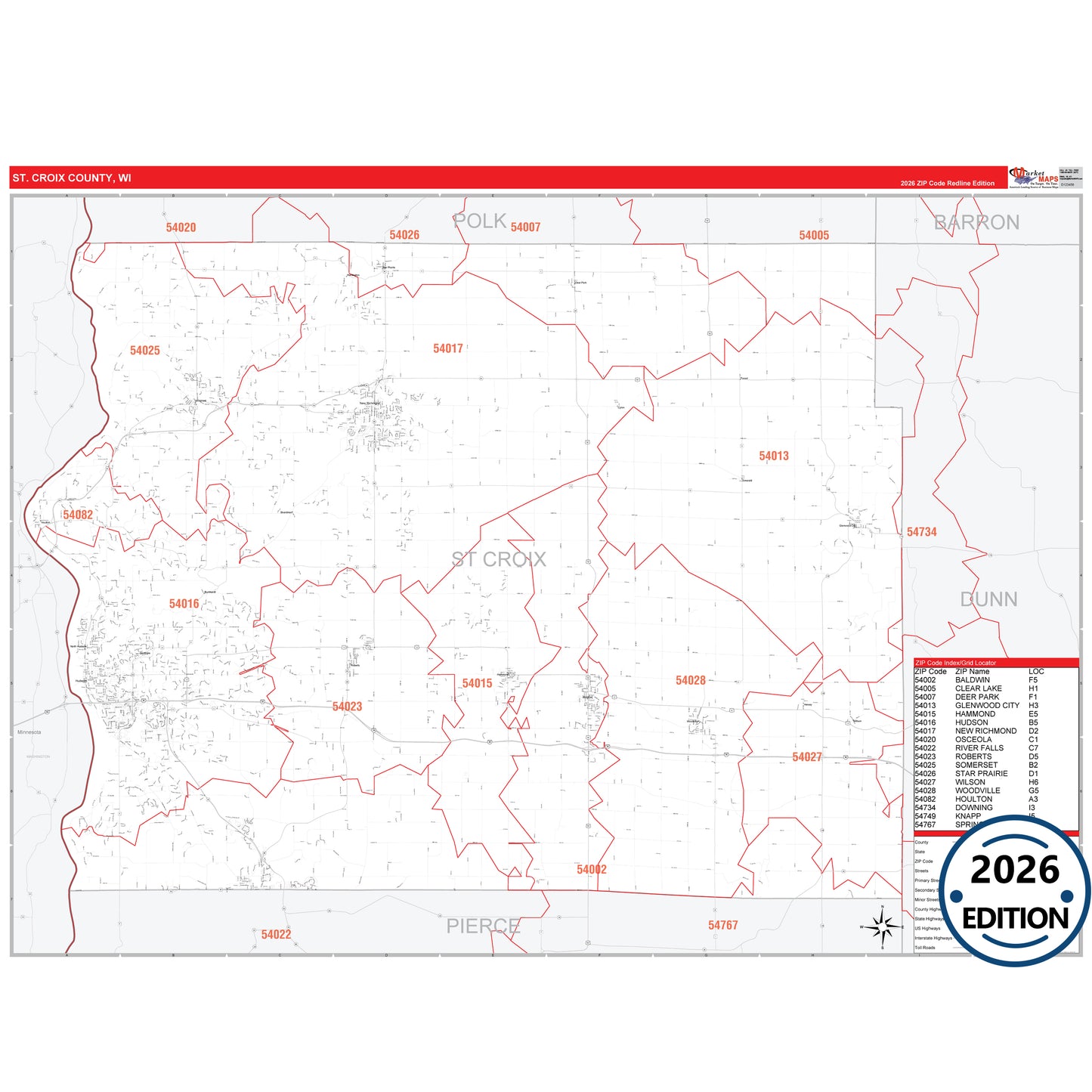 St. Croix County, WI Red Line 5 Digit ZIP Code Wall Map