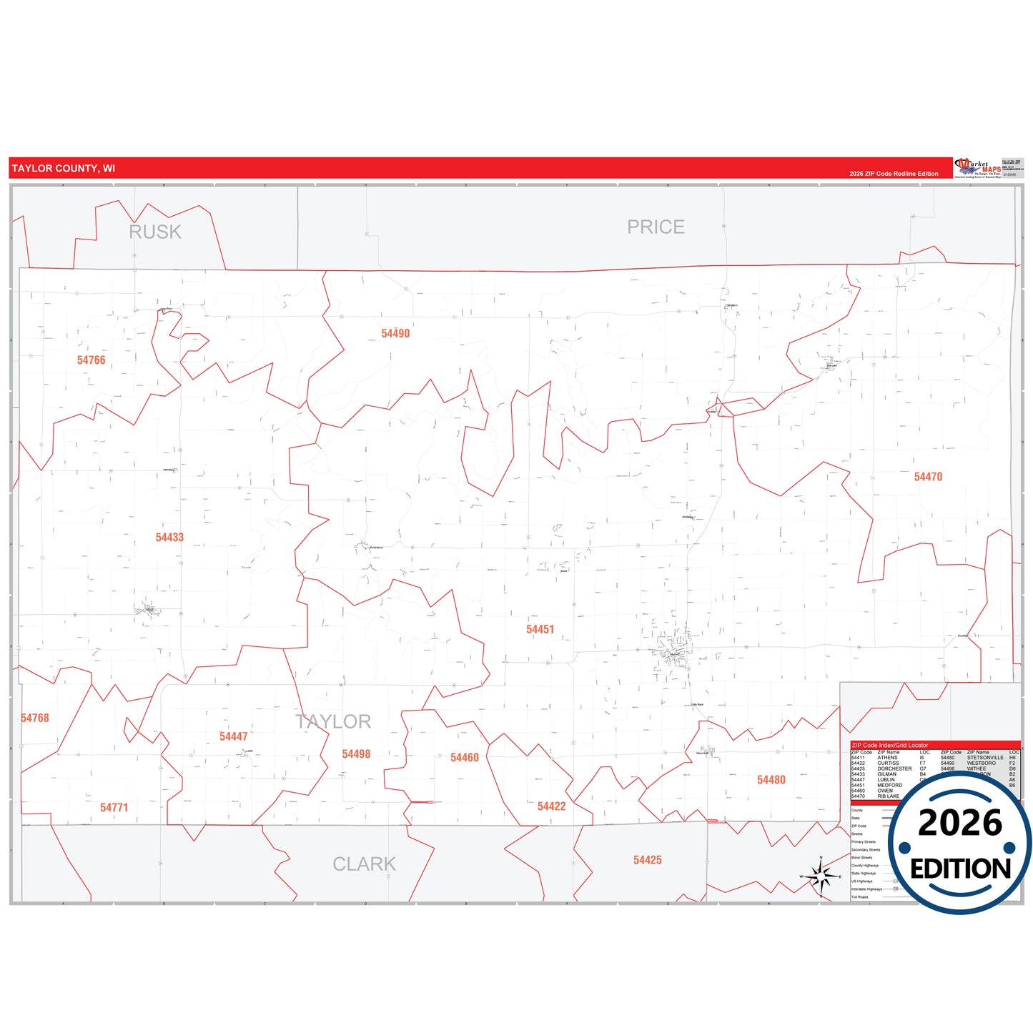 Taylor County, WI Red Line 5 Digit ZIP Code Wall Map