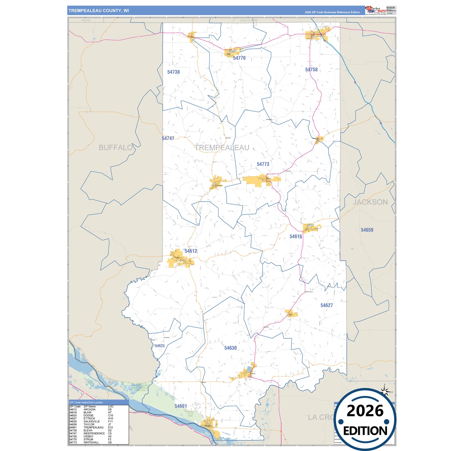 Trempealeau County, WI Business Reference 5 Digit ZIP Code Wall Map