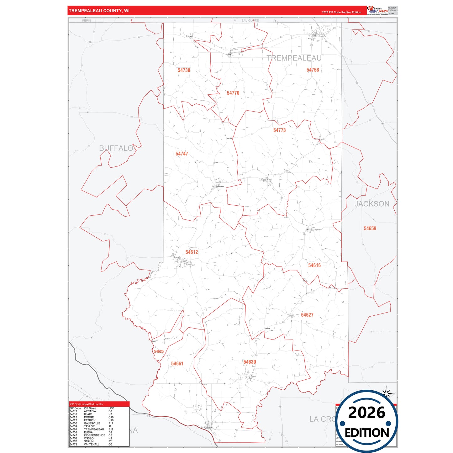 Trempealeau County, WI Red Line 5 Digit ZIP Code Wall Map