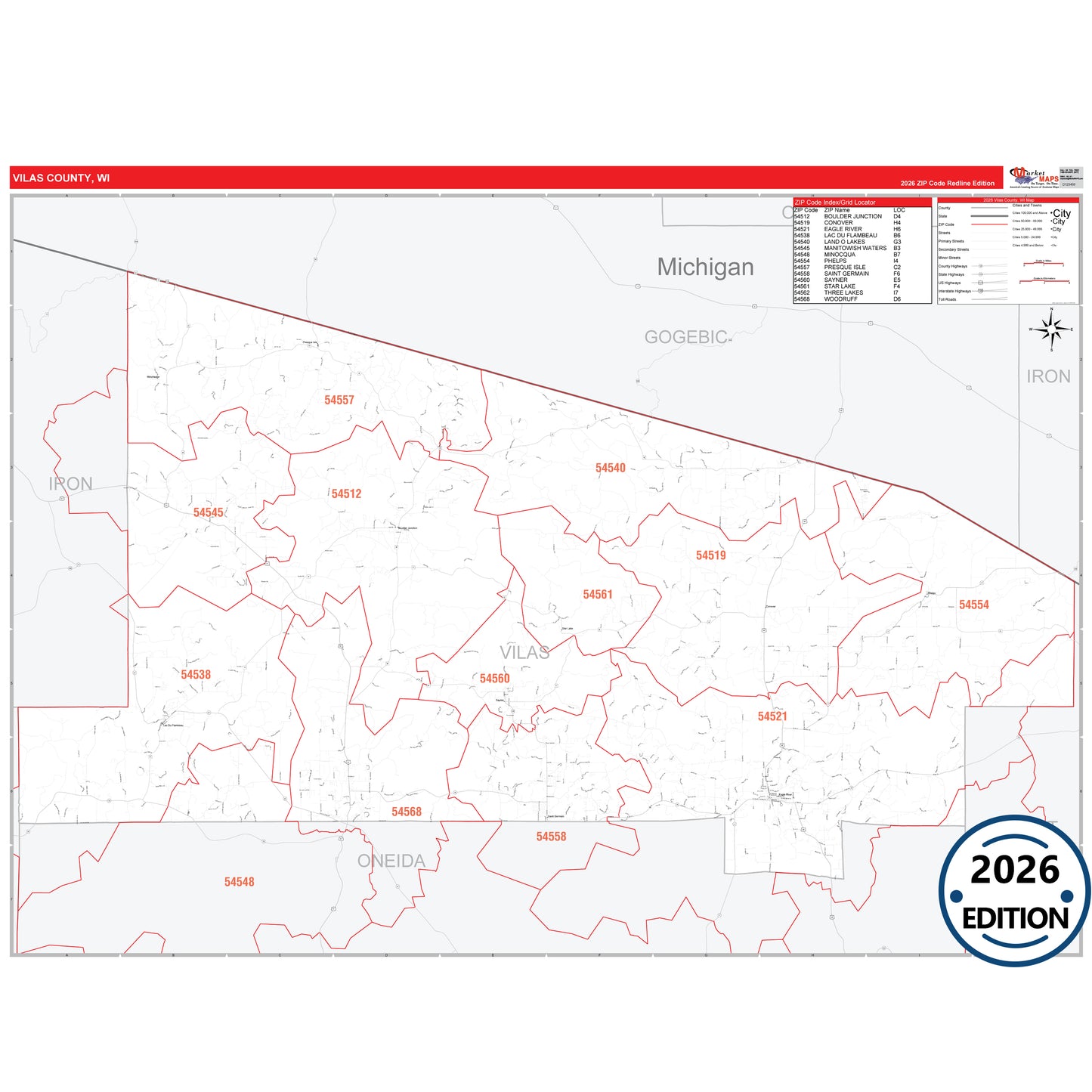 Vilas County, WI Red Line 5 Digit ZIP Code Wall Map