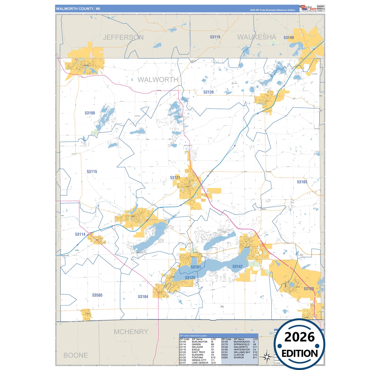 Walworth County, WI Business Reference 5 Digit ZIP Code Wall Map